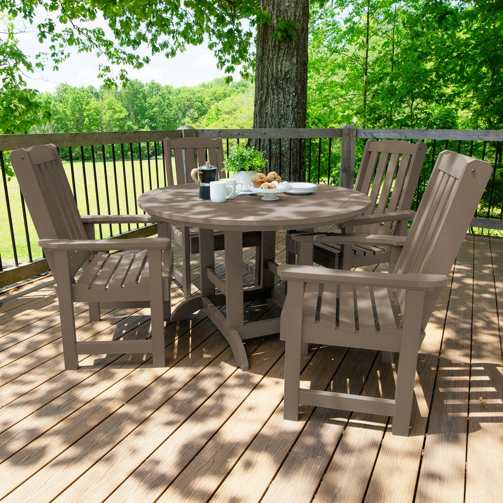 highwood AD-DNL48-WBR Lehigh 5 -Piece Woodland Brown Patio Dining Set Plastic Round Table with 4 Stationary Chairs