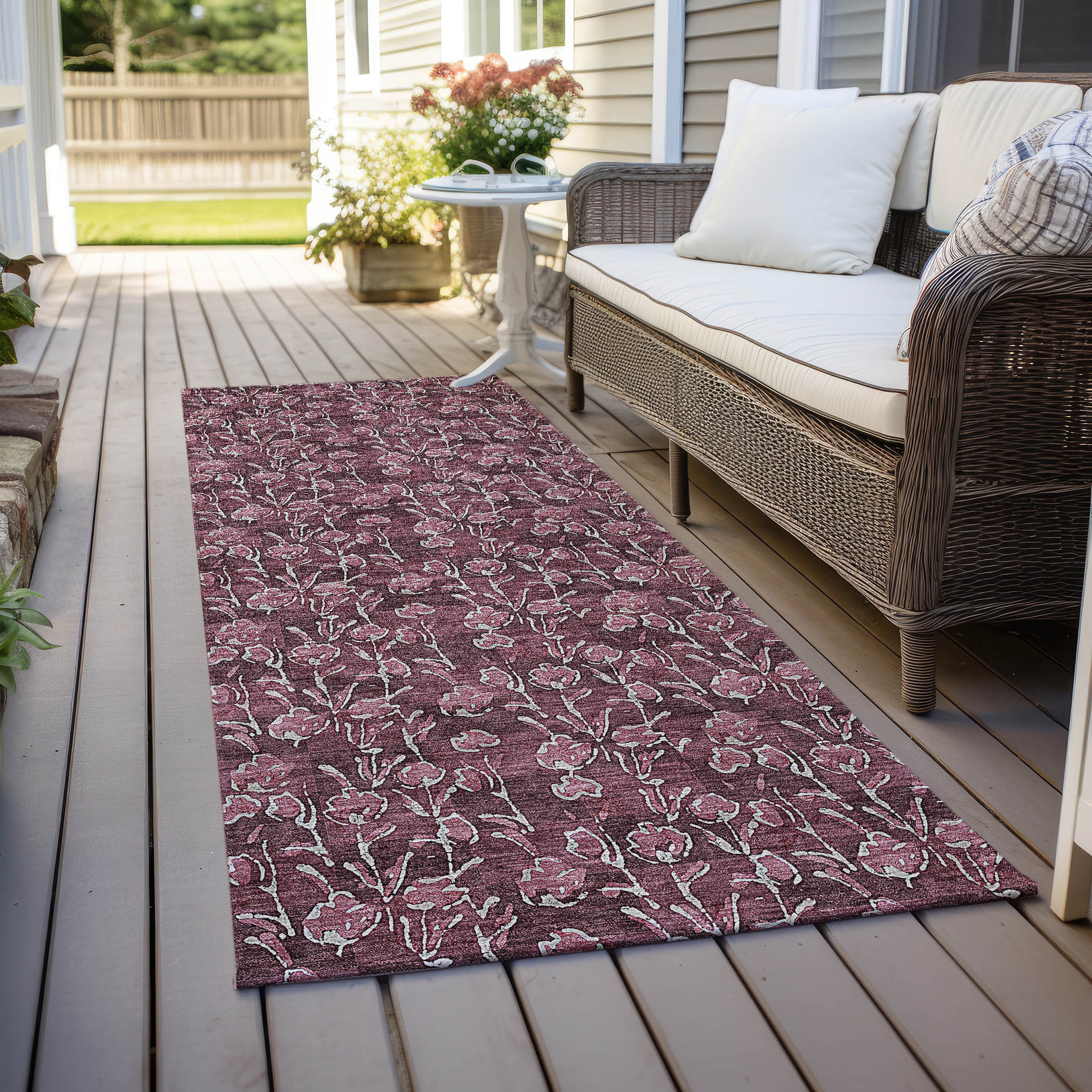 Merlot Floral Synthetic Indoor Outdoor Runner Rug
