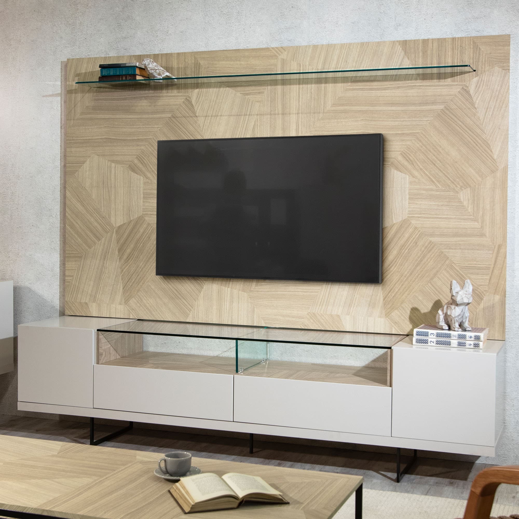 Manhattan Comfort 2-223251255251 Celine Modern/Contemporary Off White and Nude Mosaic Wood TV panel Integrated TV Mount ( Accommodates TVs up to 70-in )