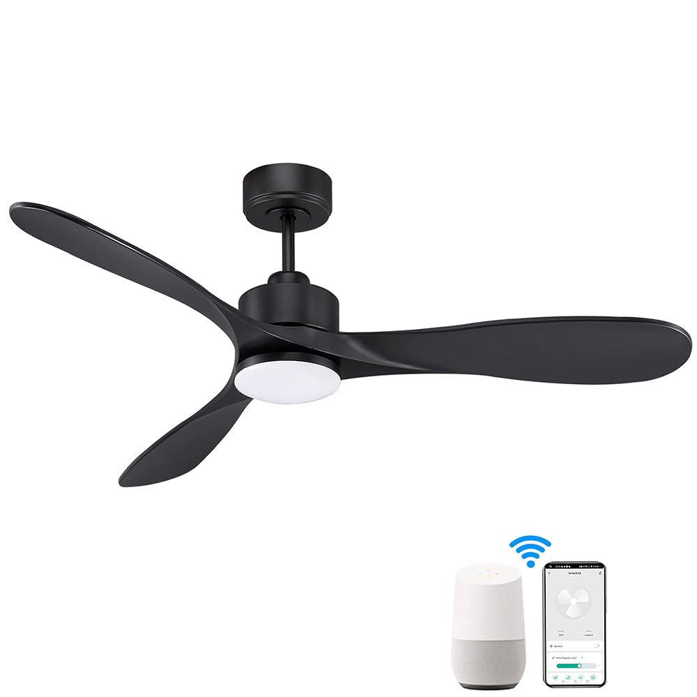 Flynama L-279918 Ceiling Fan 52-Inches Matte Black with Black Blades Integrated LED Fixture Indoor Downrod mount Standard Ceiling Fan With Light and Remote ( 3 -Blade)