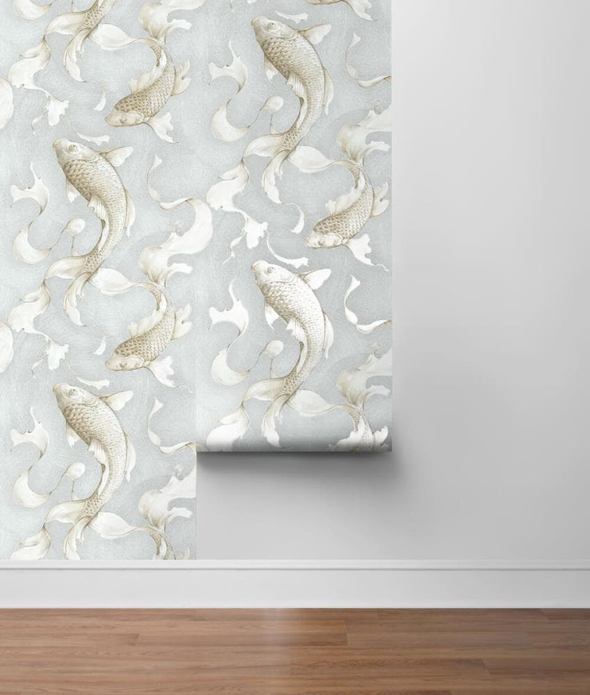 Metallic Grey Koi Fish Peel and Stick Vinyl Wallpaper