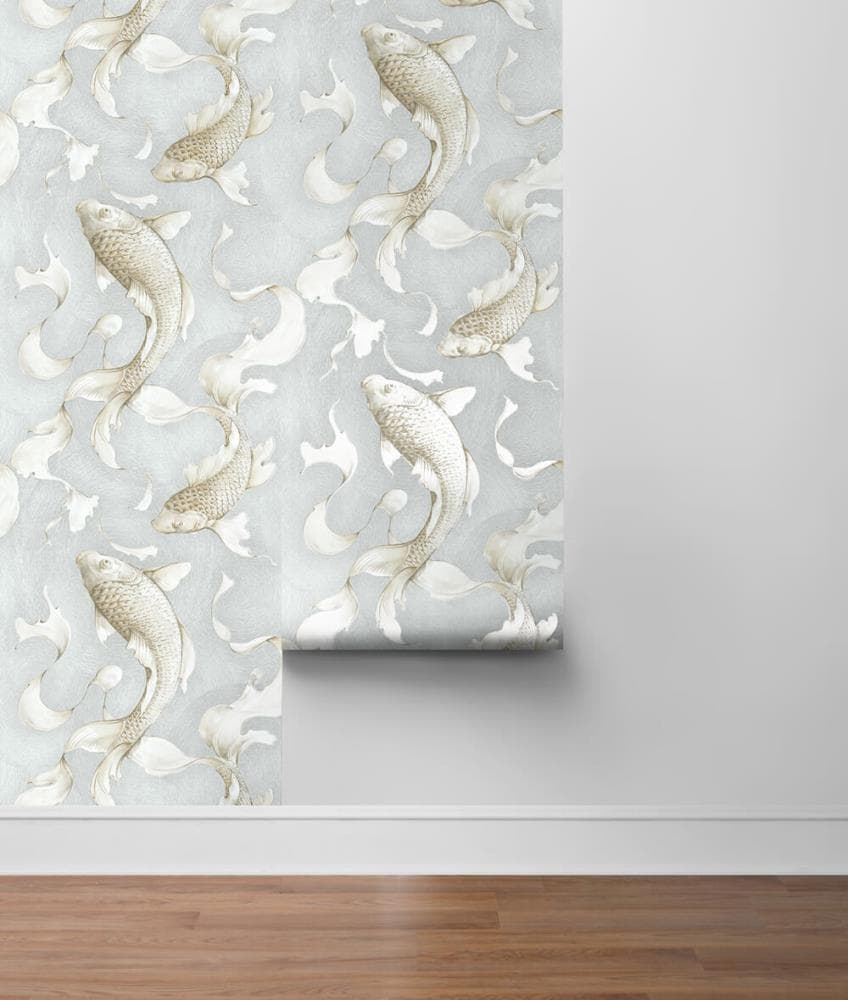 Japanese Art Koi Fish Peel and Stick Wallpaper Gold Flowers Backgroun   StickerBrand