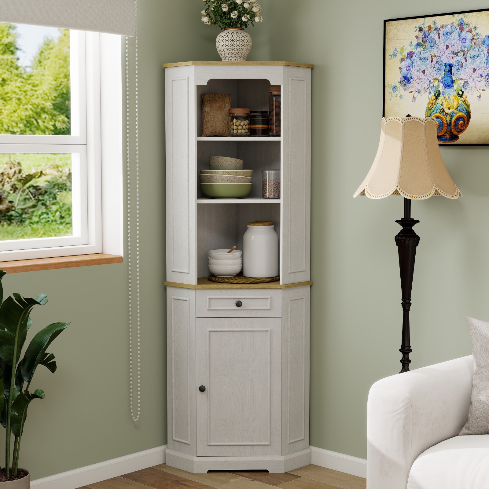 GlasFlength  68-Inch Tall Corner Cabinet Freestanding with 1 Door 1 Drawer Adjustable Shelf for Living Room Dining Room Kitchen Antique White