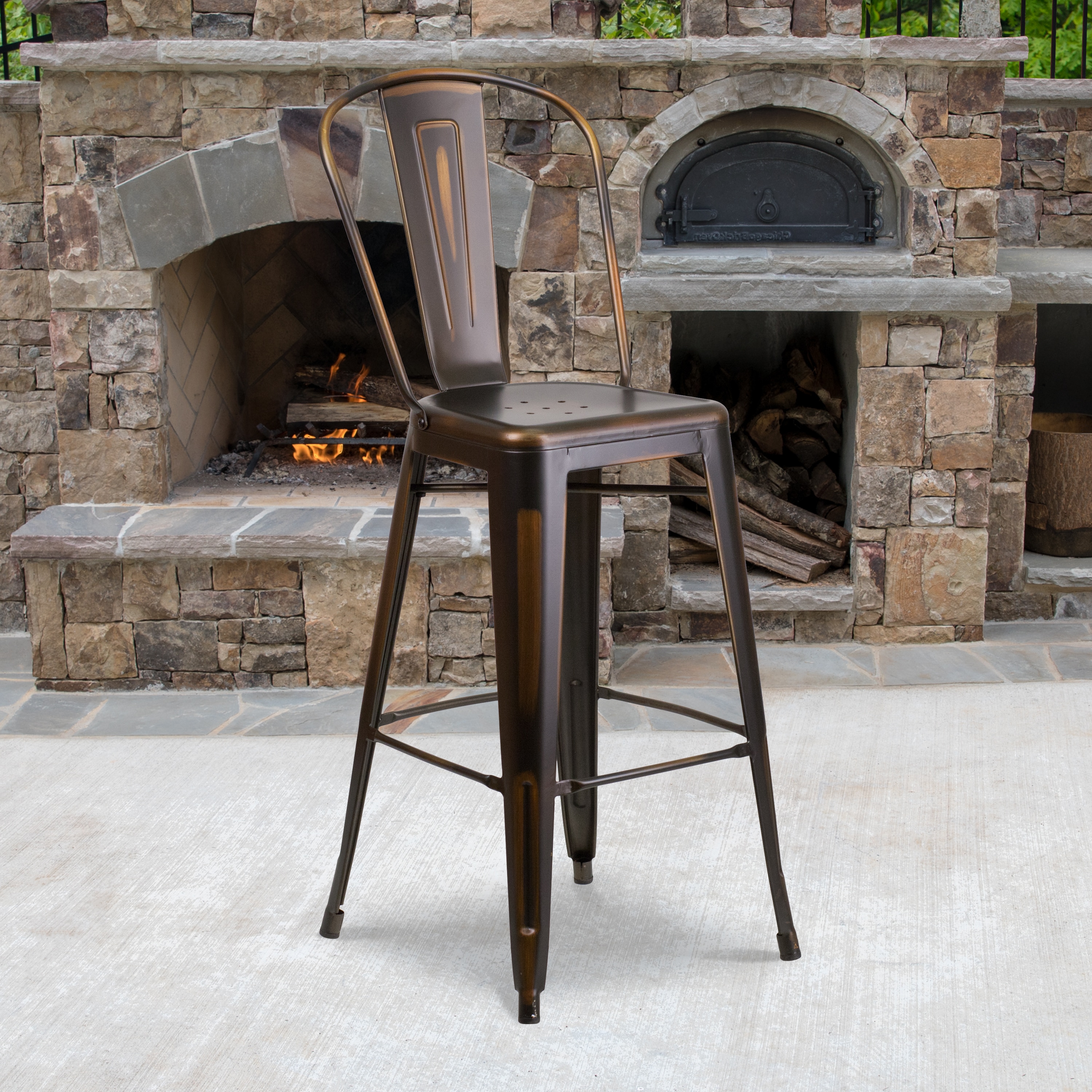 Distressed Copper Metal 30" Bar Stool with Slat Back
