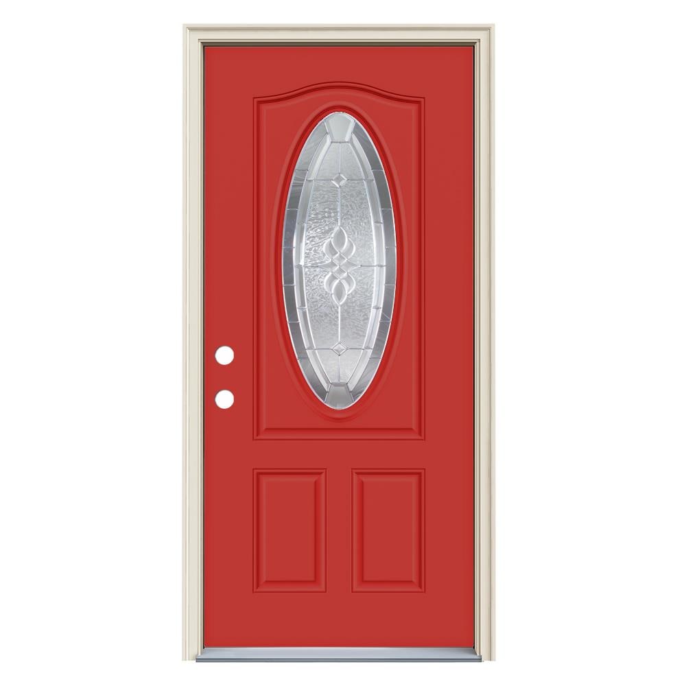 JELD-WEN LOWOLJW230400076 Hampton 32-in x 80-in x 4-9/16-in Steel Oval Lite Right-Hand Inswing Persimmon Painted Prehung Front Door with Brickmould Insulating Core
