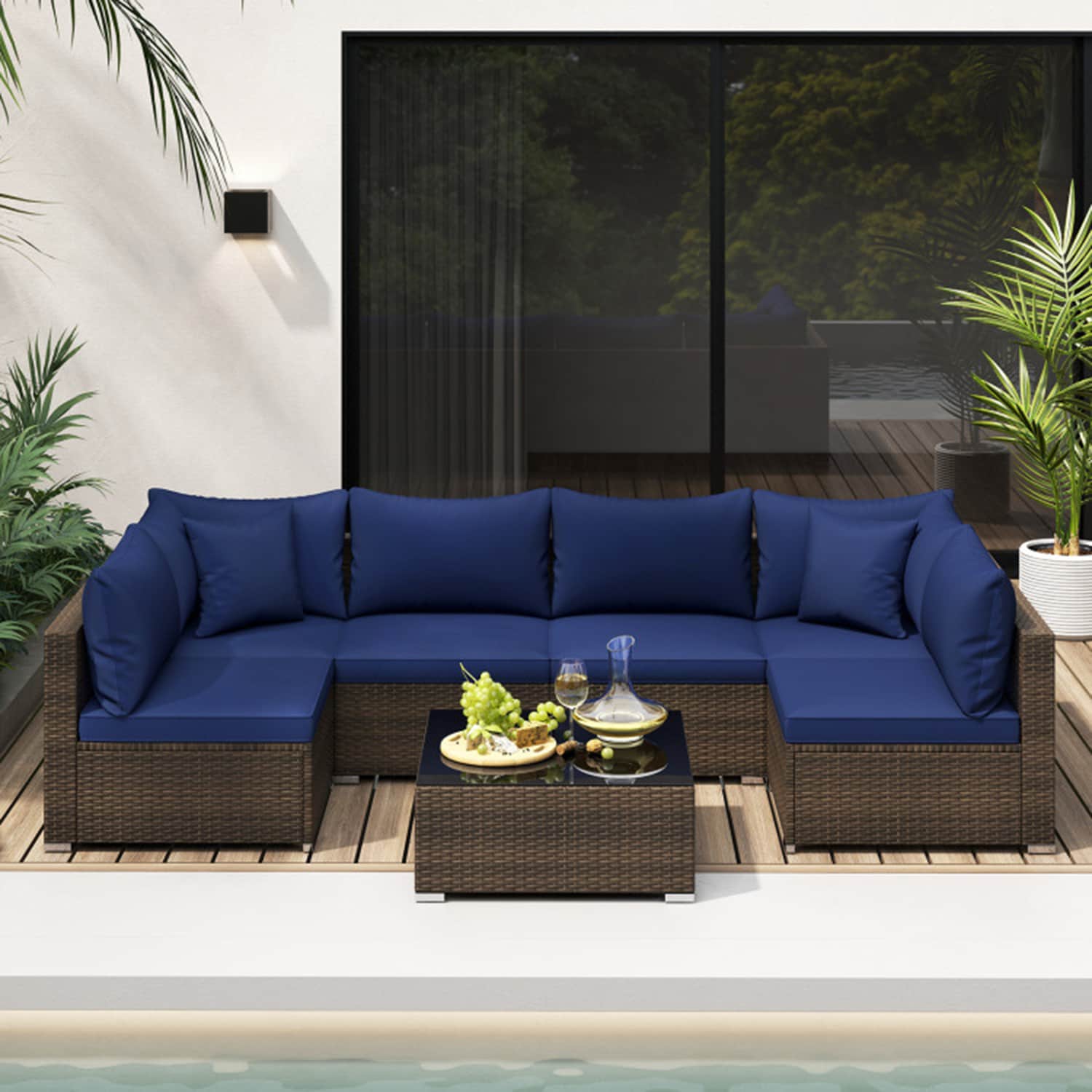 Mondawe MO-TR008TE Rattan Outdoor Sectional with Blue Cushions and Rattan Frame