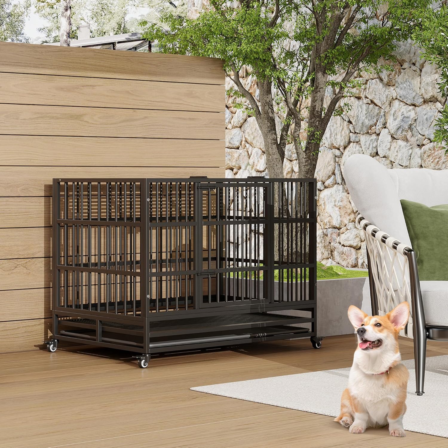WhizMax 42 Inches Folding Dog Crate with Wheels Large Heavy Duty Metal Dog Kennel with Double Door and Removable Tray Indoor Pet House for Small Medium Breed #GGL-PHO-33CQHXNG