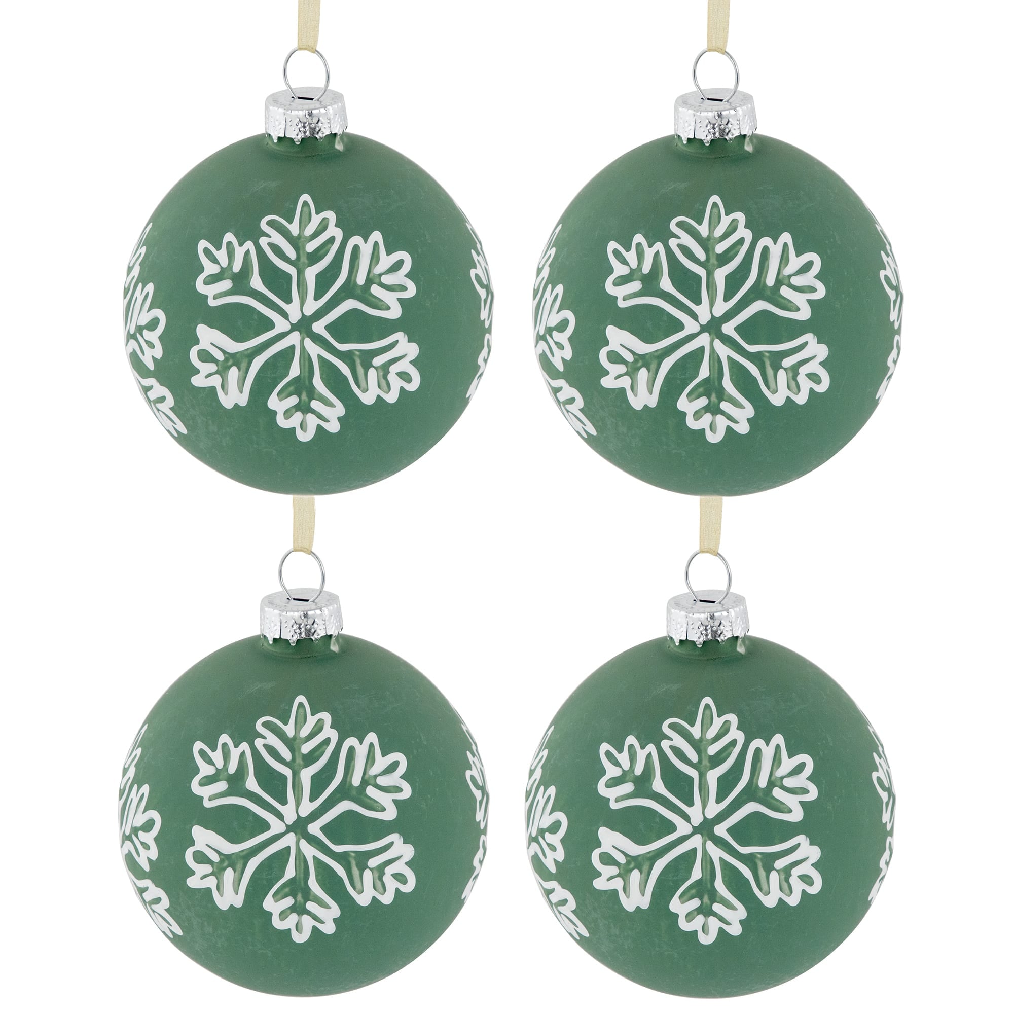 Northlight - Glass Christmas Ball Ornaments with Snowflakes - 3 inch (80mm) - Green and White - 4ct