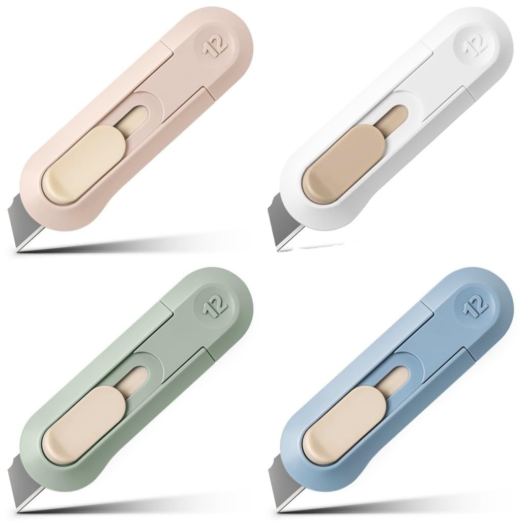 Adrinfly 4pcs Utility Knife Box Cutters Retractable Letter Opener with Carbon Steel Blade for Cardboard Cartons Plastic Packaging Comfort Grip #L05AD10087