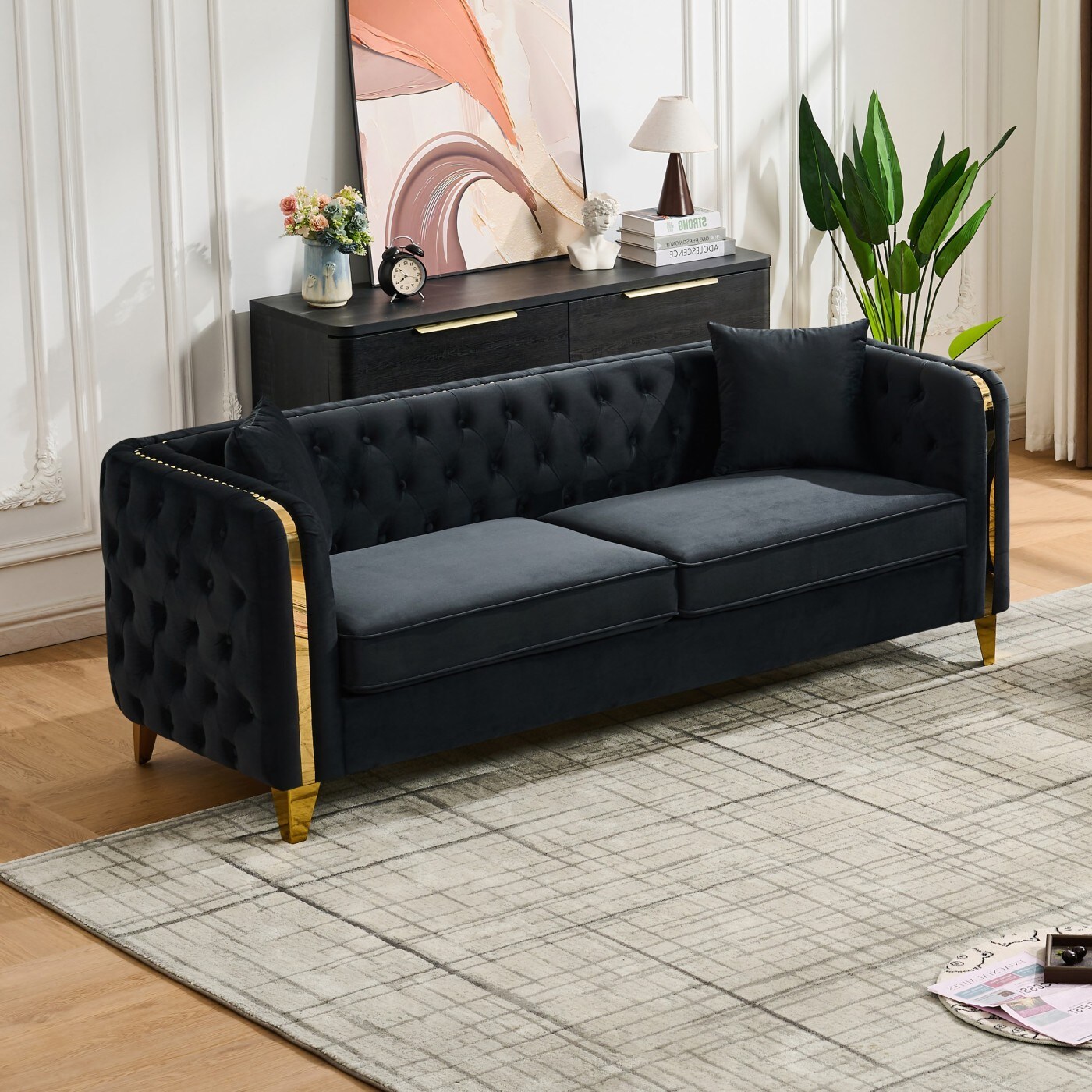 CHITA 81-Inch Black Curved Velvet Sofa Button-Tufted Design Sturdy ...