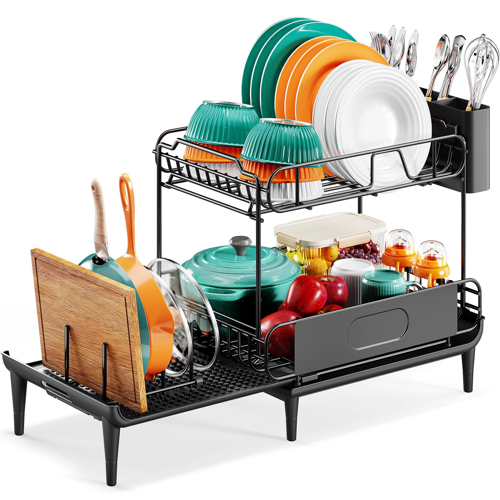 Afoxsos Expandable 2 Tier Dish Drying Rack 14.2 to 26.8 Inch Large Capacity Kitchen Counter Dish Drainer Set with Drainboard and Removable Cutlery Holder 1 Set