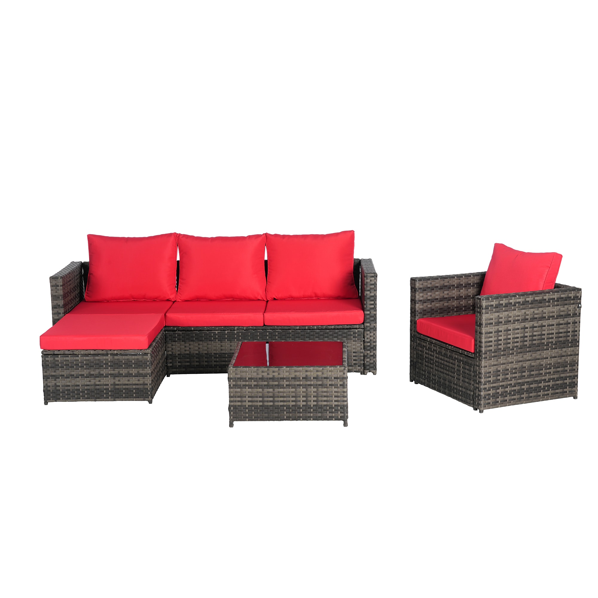 SINOFURN SYB670029RD 4 -Piece Wicker Patio Sofa Conversation Set with Red Cushions