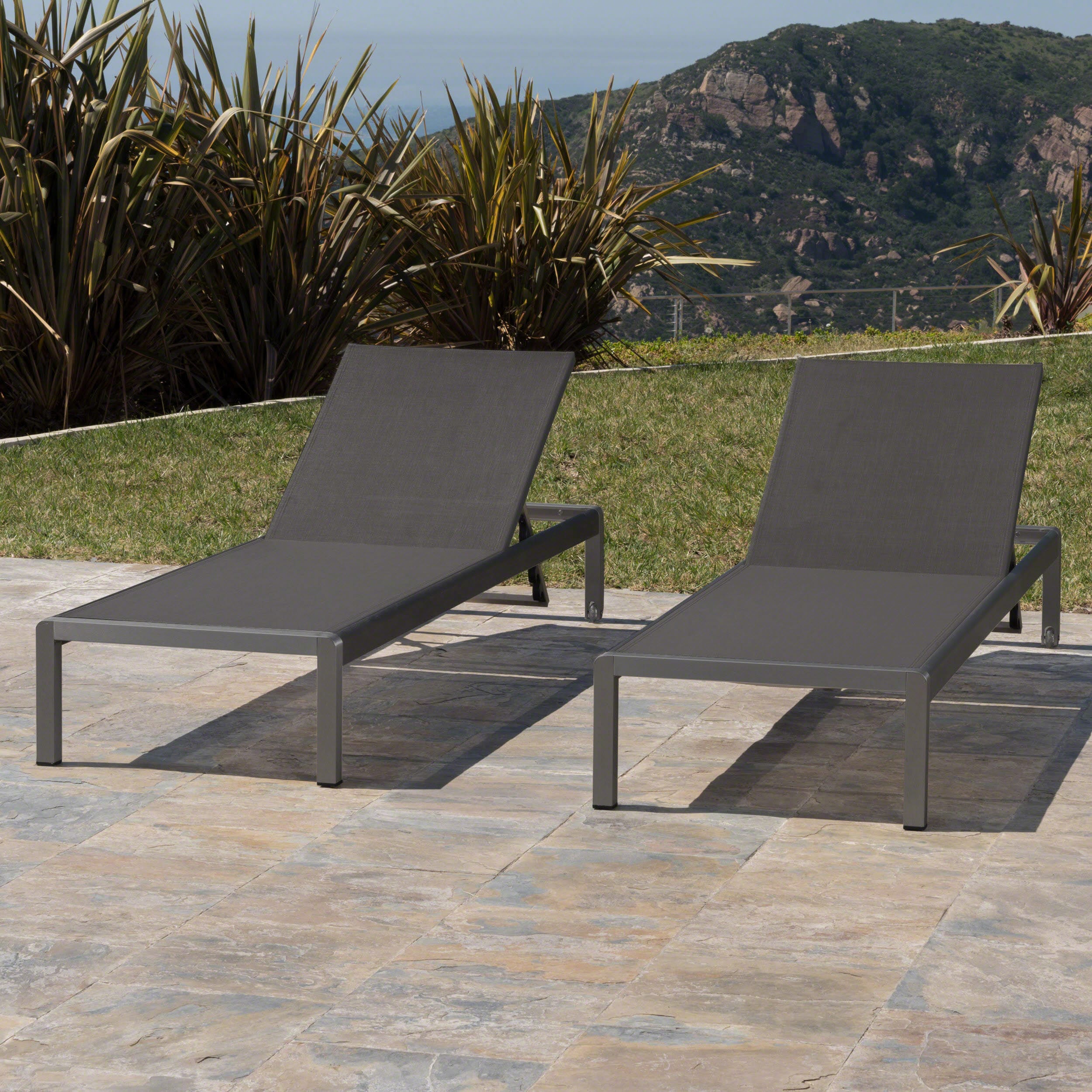 Gray Aluminum Outdoor Chaise Lounge with Dark Mesh Seat, Set of 2