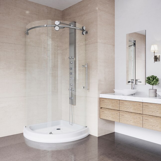 Sanibel 43.625 in. x 79.5 in. Frameless Bypass Shower Enclosure in Chrome and Left Base Sanibel 43.625 in. x 79.5 in. Frameless Bypass Shower Enclosure in Chrome and Left Base