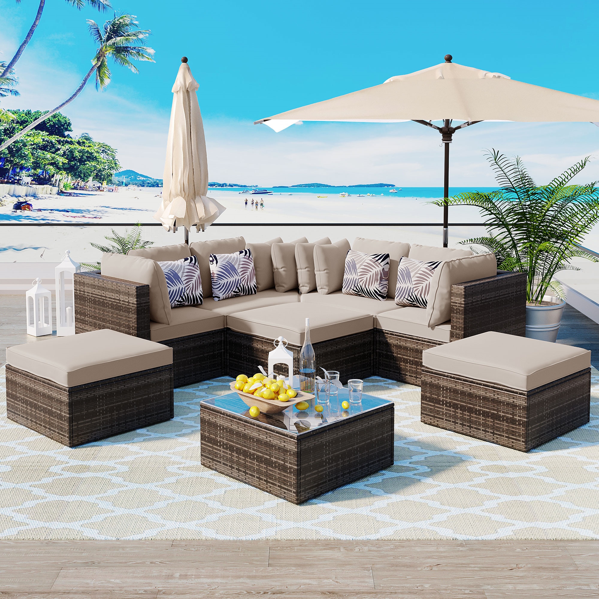 BABOOM BOM-0333AAA-OR Outdoor Sofa Set 8 -Piece Rattan 2 Patio Sofa Conversation Set with Brown Polyester Cushions