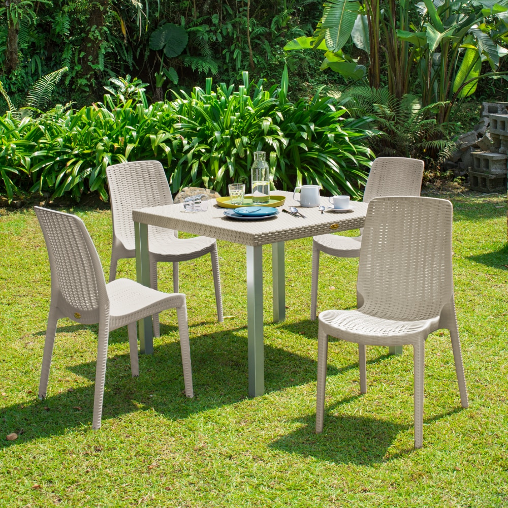 Lagoon 17020G6-47025G6 5 -Piece Taupe Patio Dining Set Resin Square Table with 4 Stackable Stationary Chairs