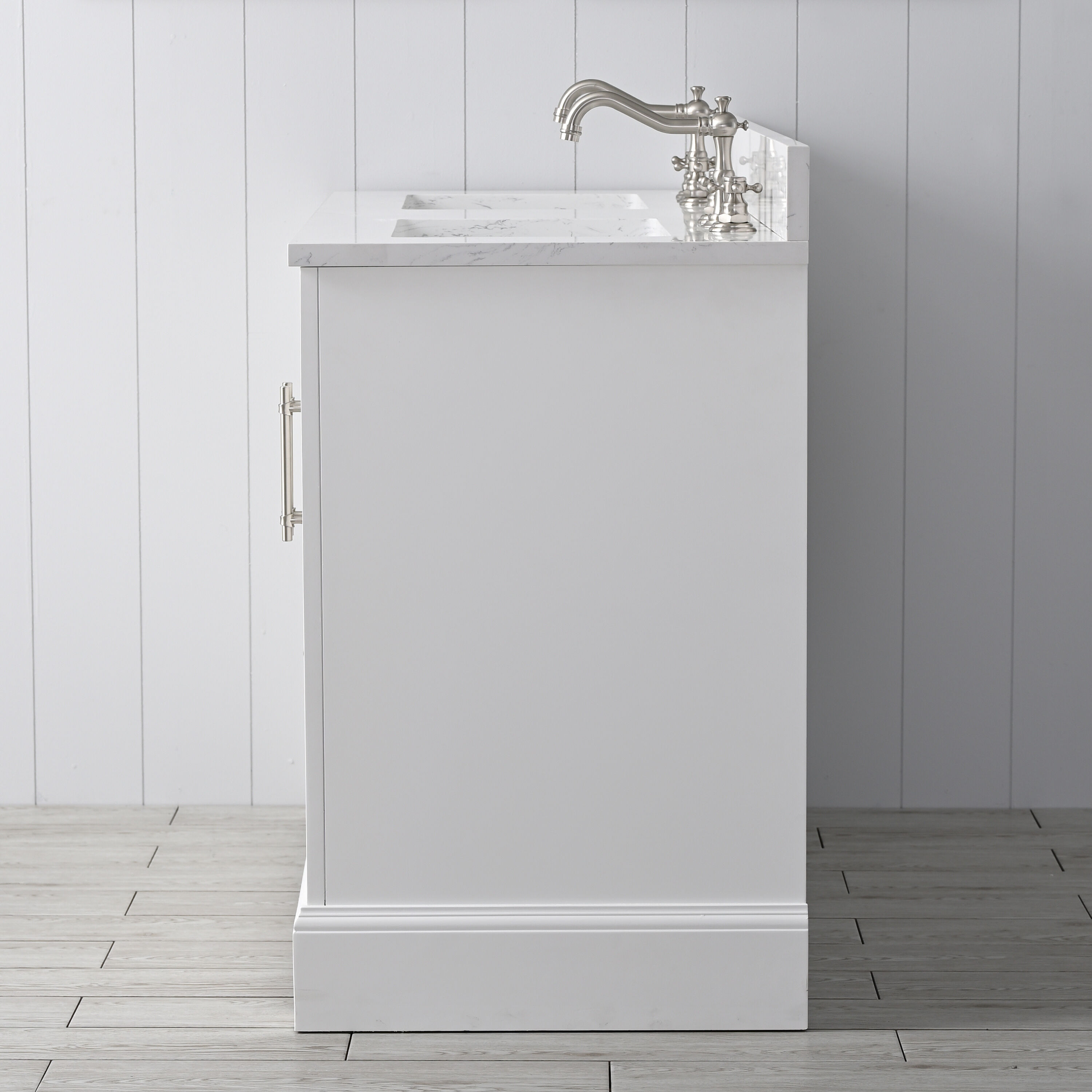 White Double Sink Bathroom Vanity with Quartz Top and Backsplash