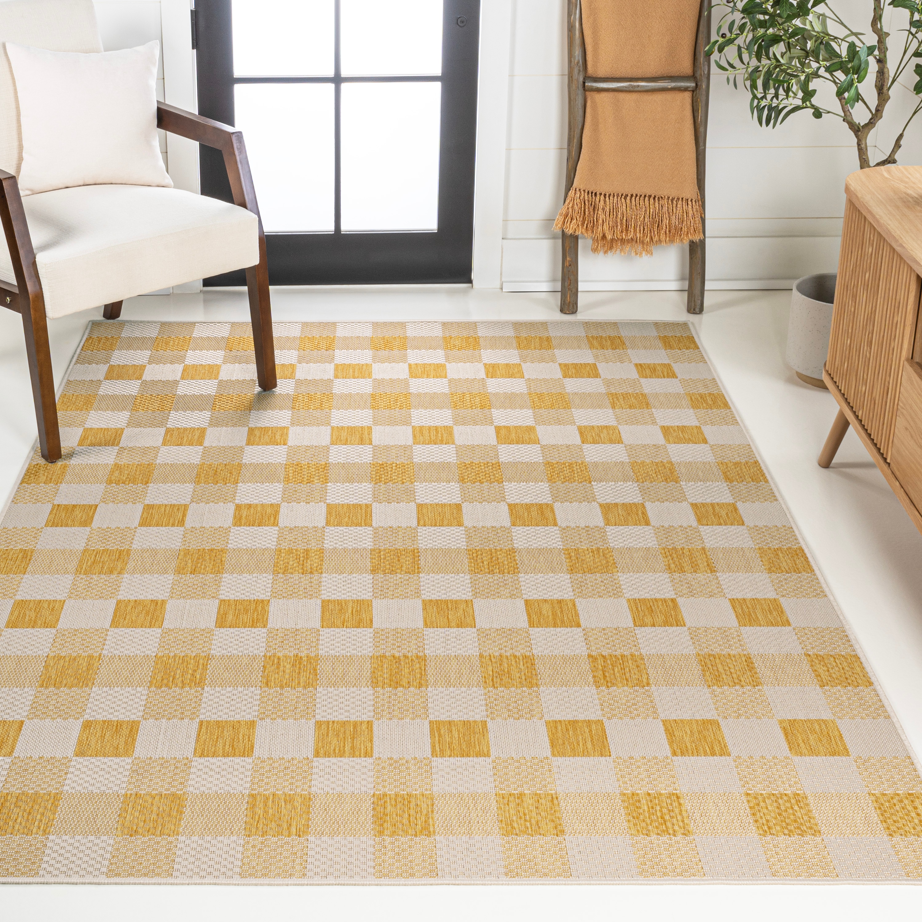 JONATHAN  Y TSN201D-8 TUSCAN SUN Darcy Bold Gingham 8 x 10 (ft) Loomed Polypropylene Yellow/Cream Rectangular Indoor/Outdoor Geometric Farmhouse/Cottage Area rug
