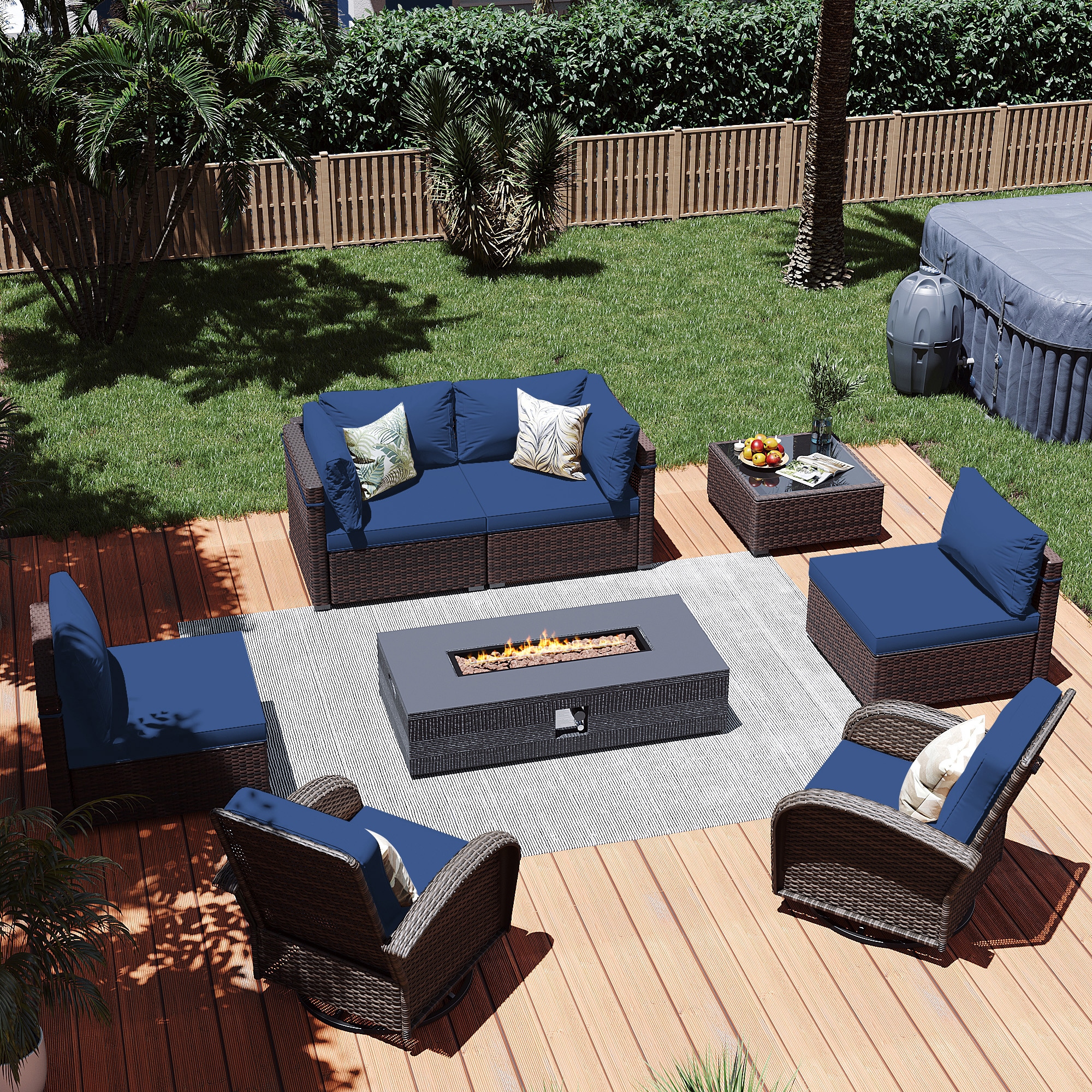 Patio Watcher LS-RT5Y11-56SWDK-B2 8 -Piece Rattan Patio Conversation Set with Blue Cushions