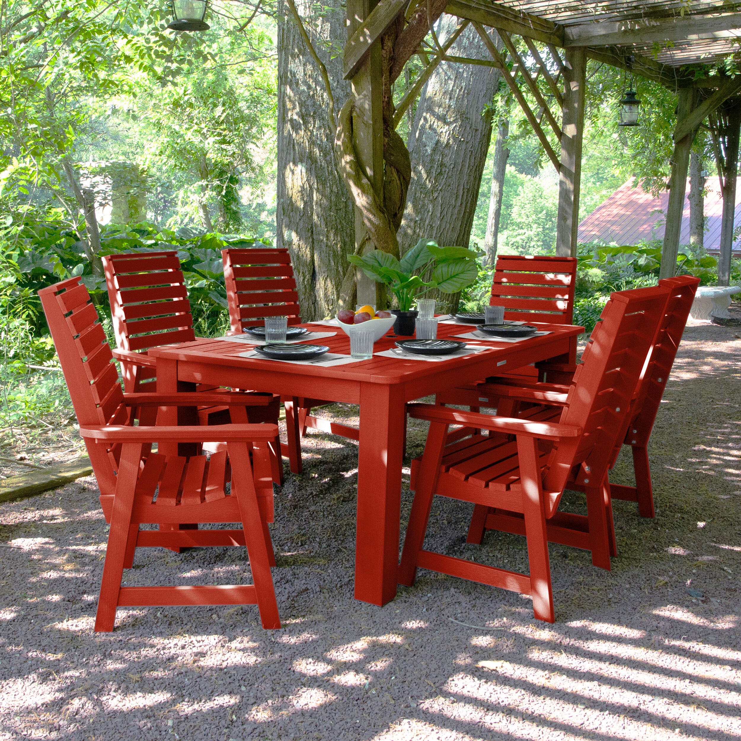highwood AD-ST7WL1CO4AA-RED Weatherly 7 -Piece Rustic Red Patio Dining Set Plastic Rectangle Table with 6 Stationary Chairs
