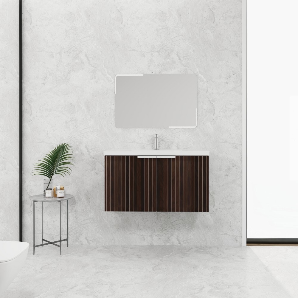 Basdien 36 in Dark Brown Wall Mounted Floating Bathroom Vanity with Resin Sink Soft Close Doors Metal Handle Plywood Moisture Resistant Scratch Resistant Melamine Surface Easy Assembly Set Kits for Small Bathroom Spaces and Extra Storage Shelf