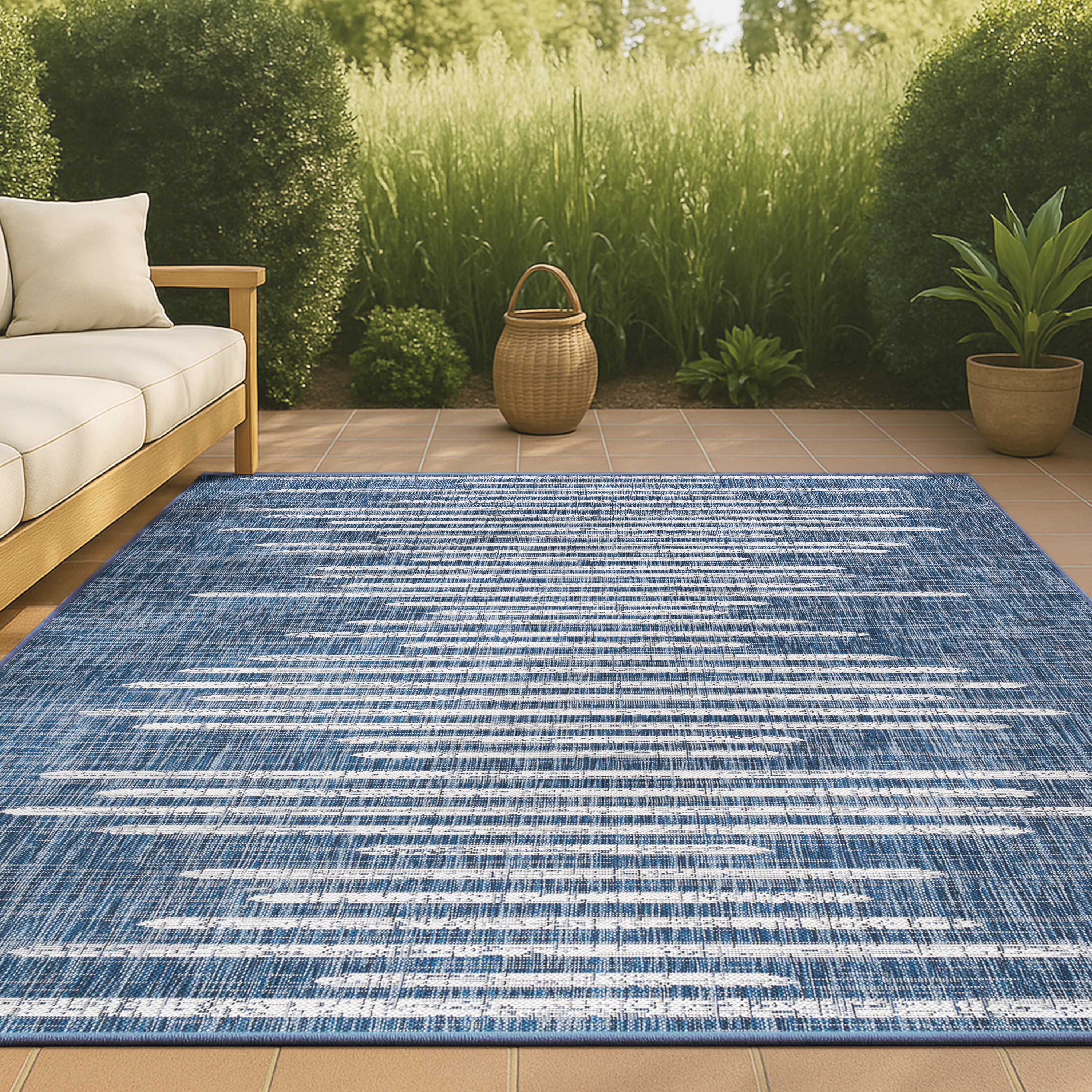 JONATHAN  Y SMB124C-8 Santa Monica Zolak Berber 8 x 10 (ft) Loomed Polypropylene Blue/Ivory Rectangular Indoor/Outdoor Stripe Bohemian/Eclectic Area rug