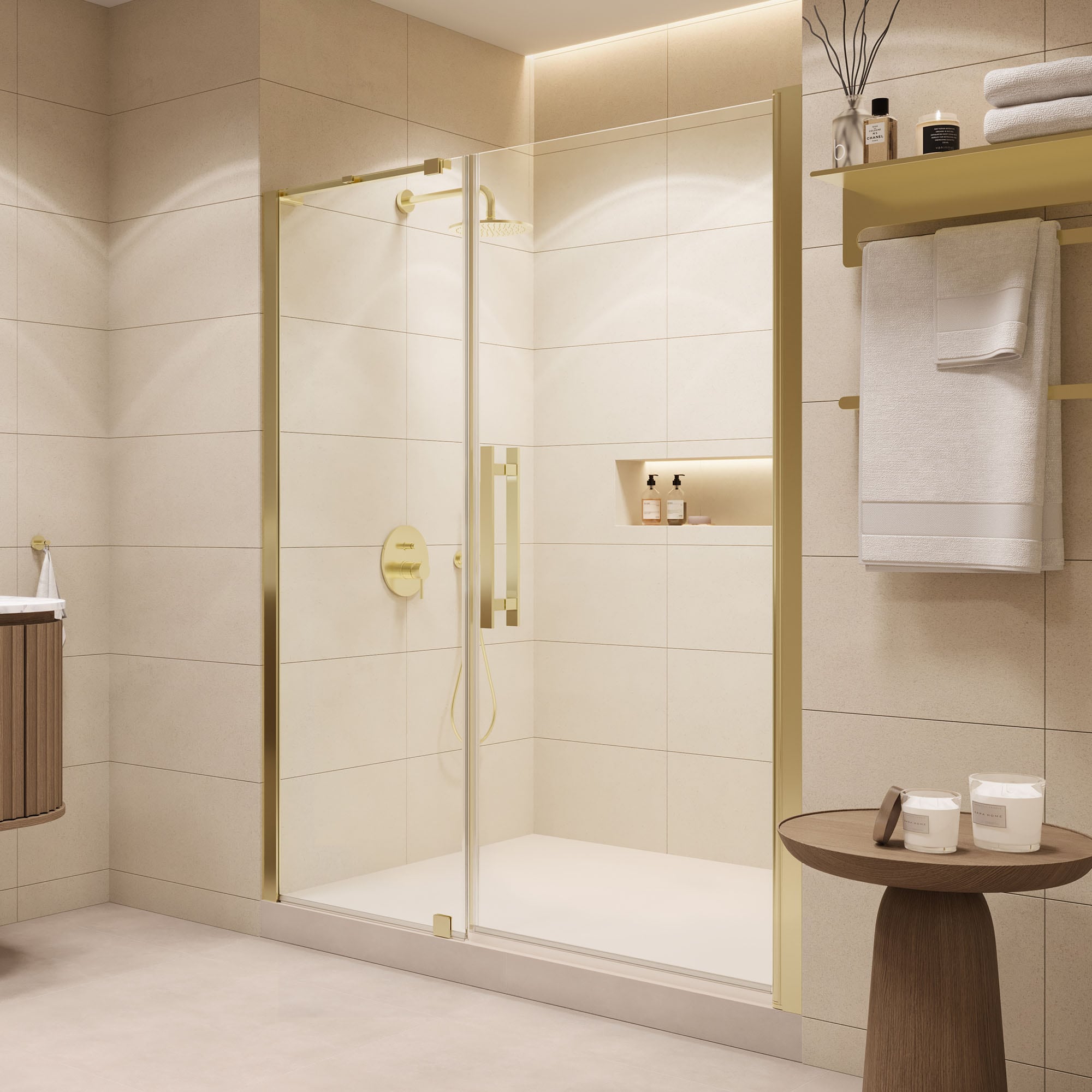OVE Decors 15SGP-PASA59-GBW Pasadena Brushed Gold 57-1/16-in to 59-in W x 72.01-in H Frameless Clear Glass Pivot Shower door