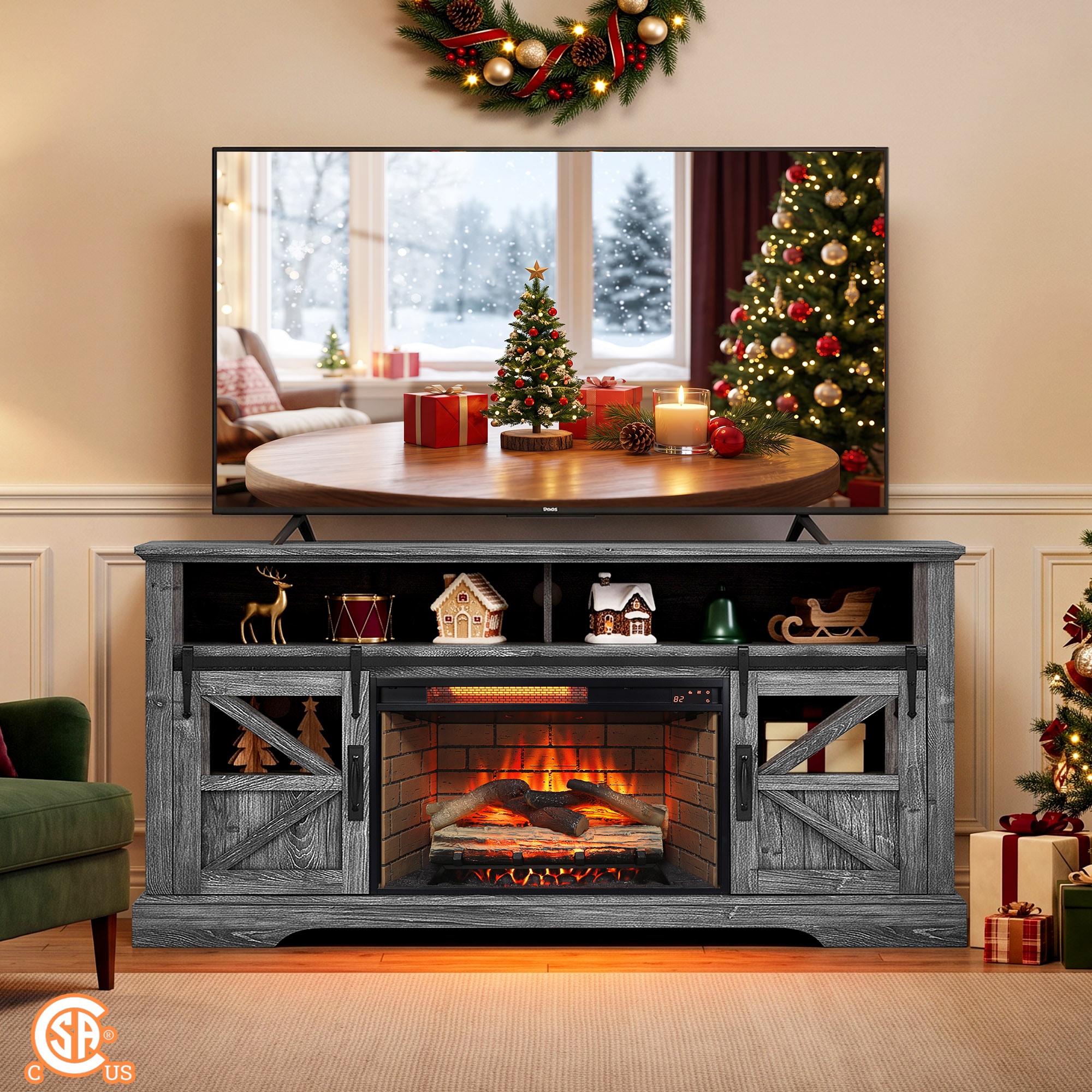 ToolCat 60-in W Dark Oak TV Stand with Fan-forced Flat Wall Electric Fireplace with Remote Control Included