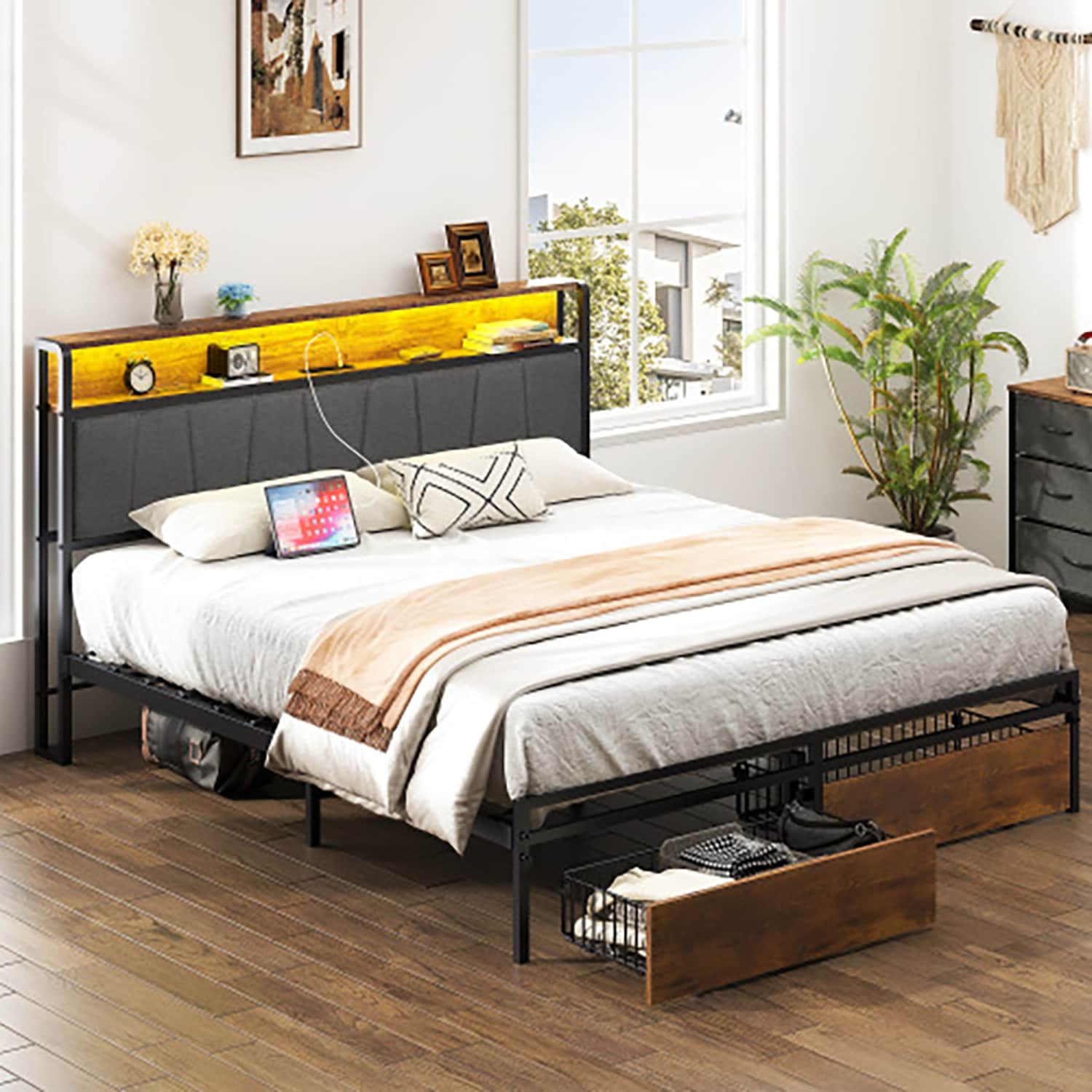 GZMR GZ-WF1801F Queen Size Bed Frame Brown Queen Metal Bed frame Bed with Storage