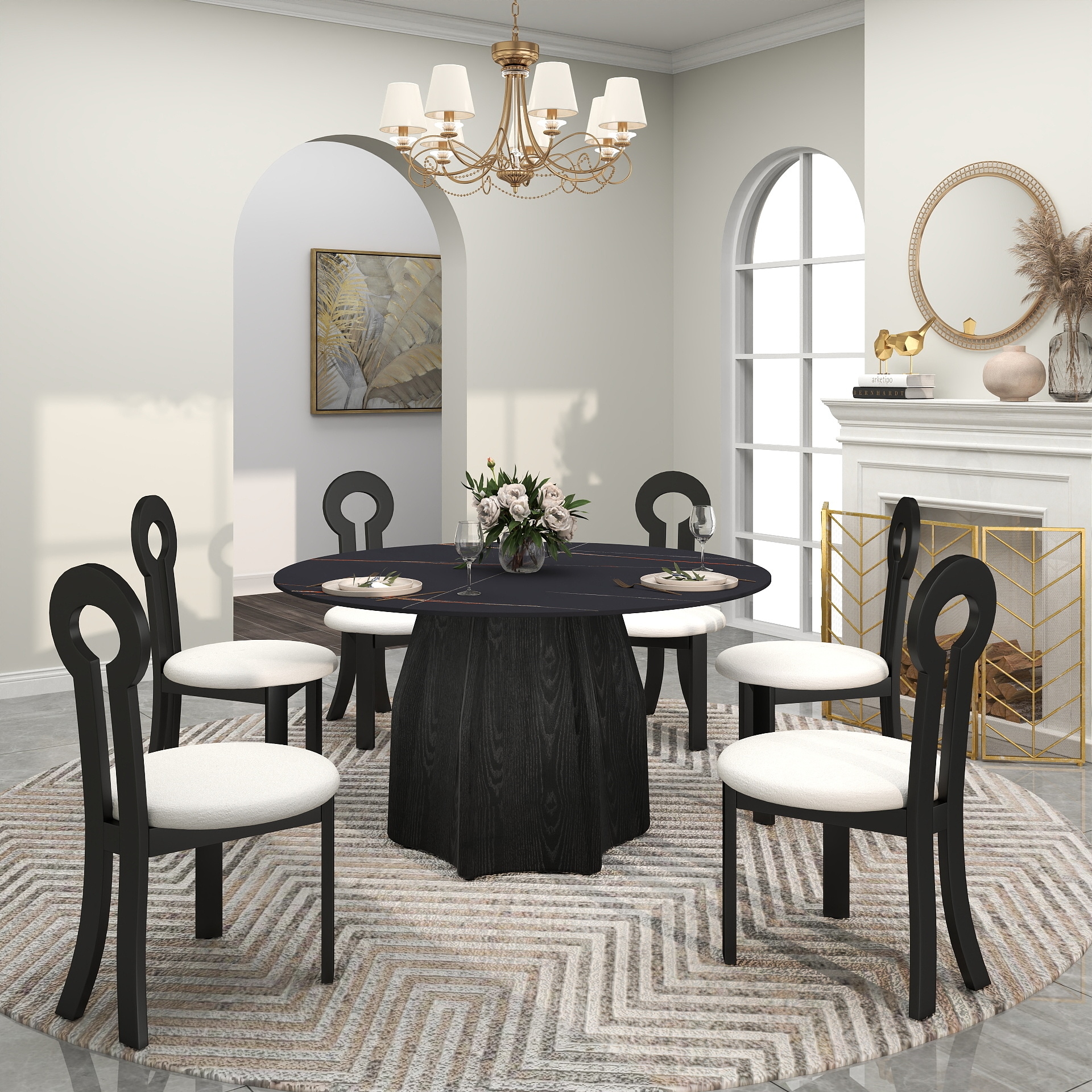 BuotiqHom DH-AT-135B-7B 53 in. Black Round Farmhouse Dining Table, Ceramic with Painted Metal Pedestal Base 53-in L x 29.5-in H