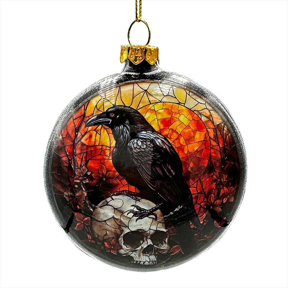 OrnamentallyYou G239 Creepy Stained Glass Skeleton and Raven Haunted Ornament Halloween Horror and Christmas Tree Decor