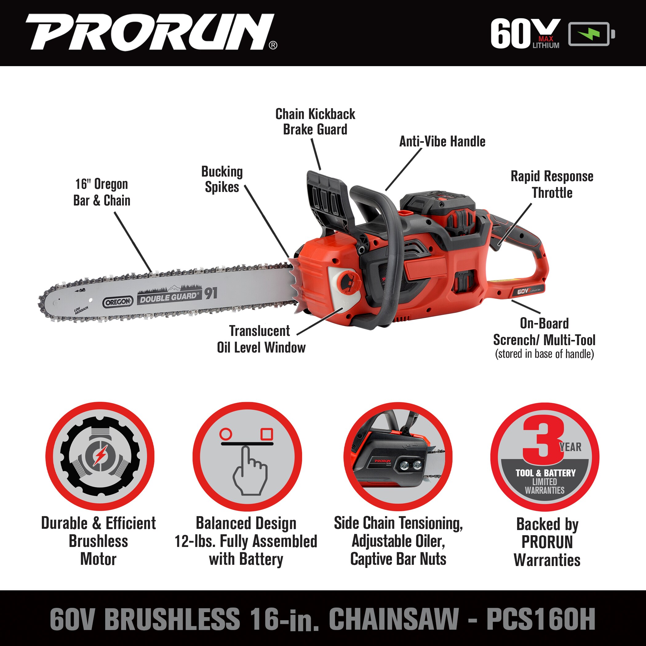 PRORUN PCS160H 60-volt Max 16-in Brushless Battery 5 Ah Chainsaw (Battery and Charger Included) PCS160H Sansujyuku sansujyuku.com