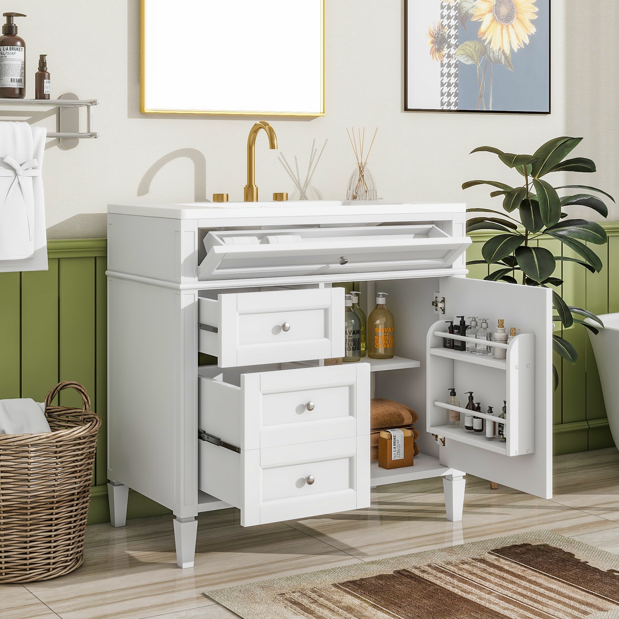 LOVMOR  36inch Bathroom Vanity with Top Sink Modern Bathroom Storage Cabinet with 2 Drawers and a Tip out Drawer Single Sink Bathroom Vanity