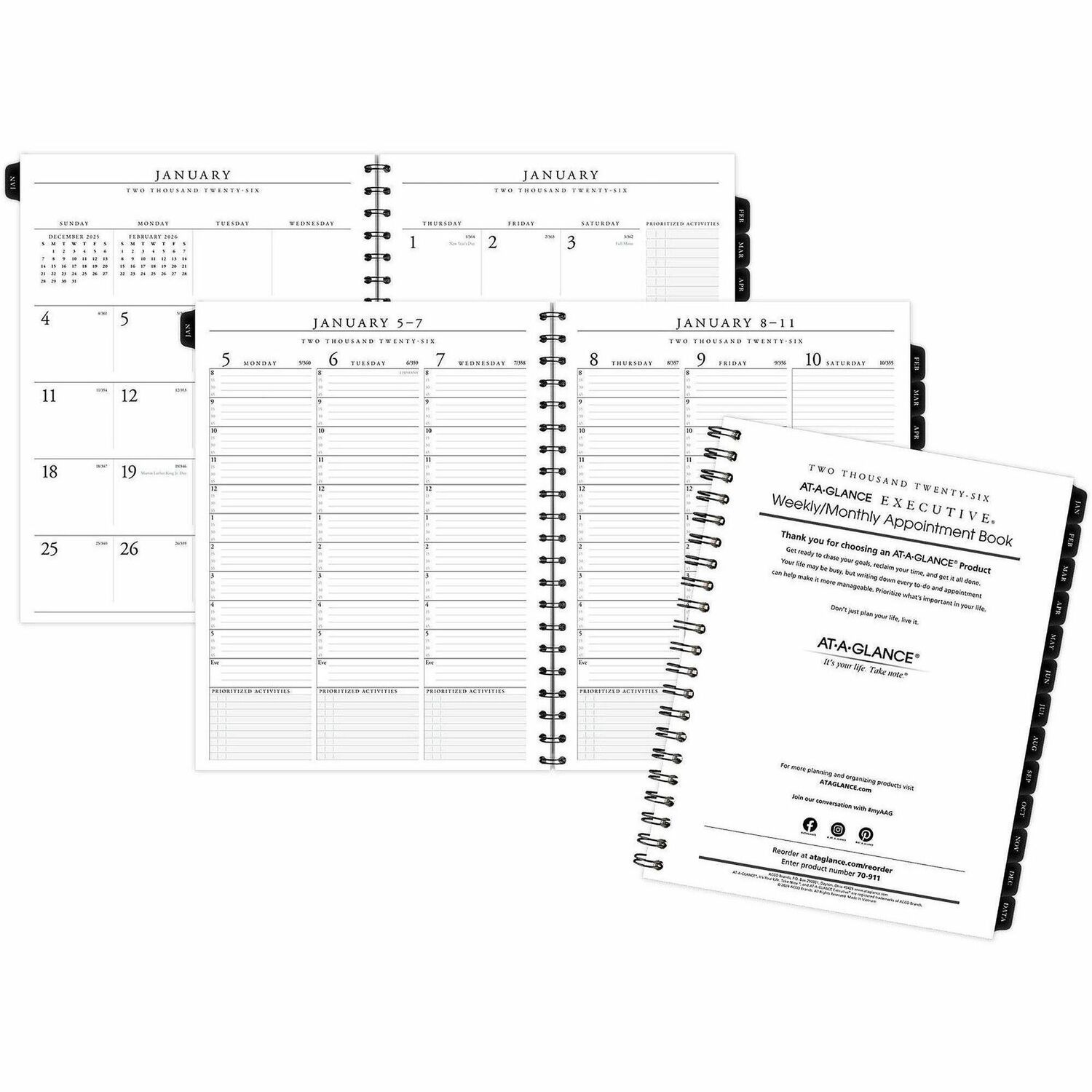 AT-A-GLANCE SPRAAG7091110 Executive Weekly Monthly Planner Refill with 15 Minute Appointments  11 x 8.25  White Sheets  12 Month Jan to Dec 2026