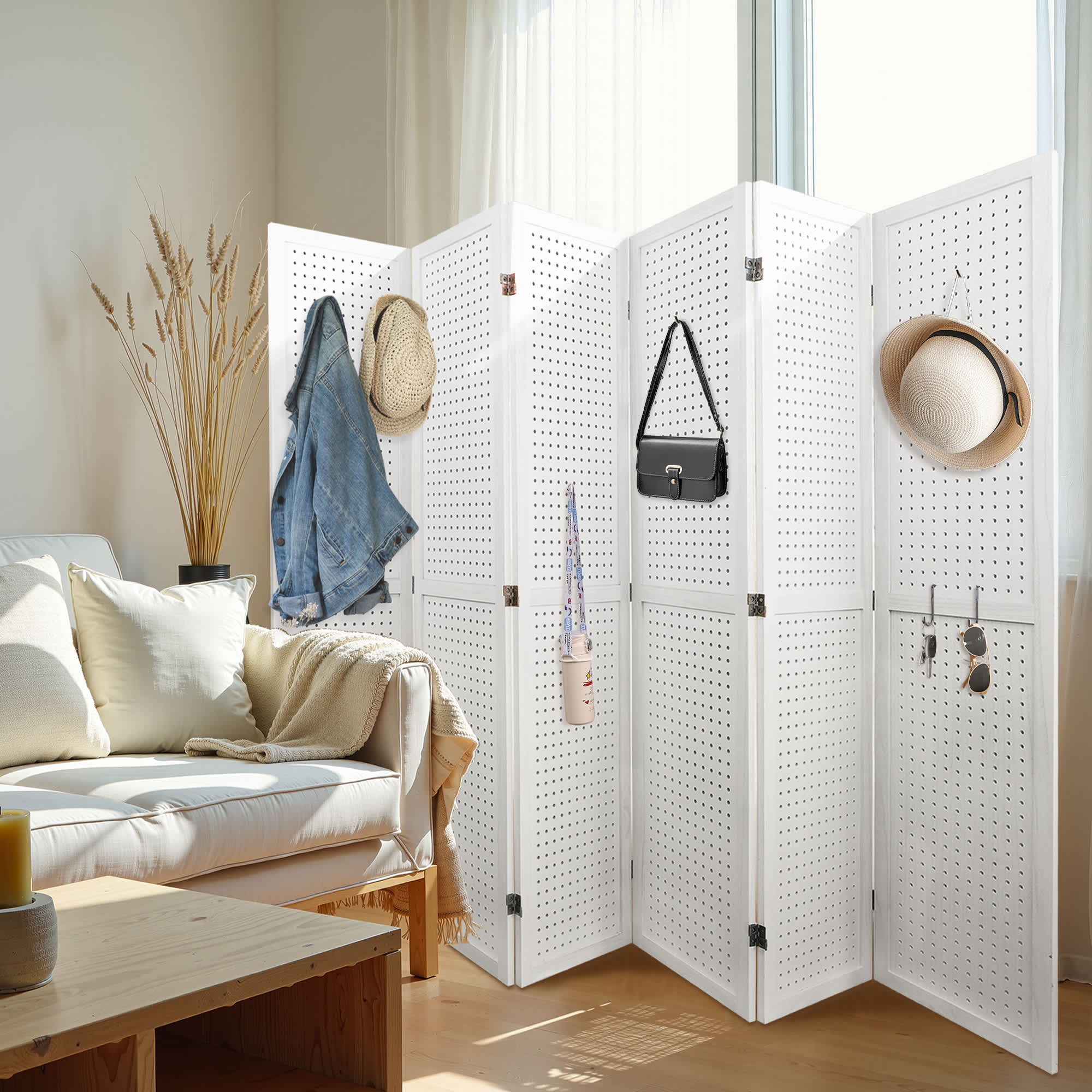 Misty Moon 96x67 Inch White Wooden Folding Screen for Indoor Movable ...