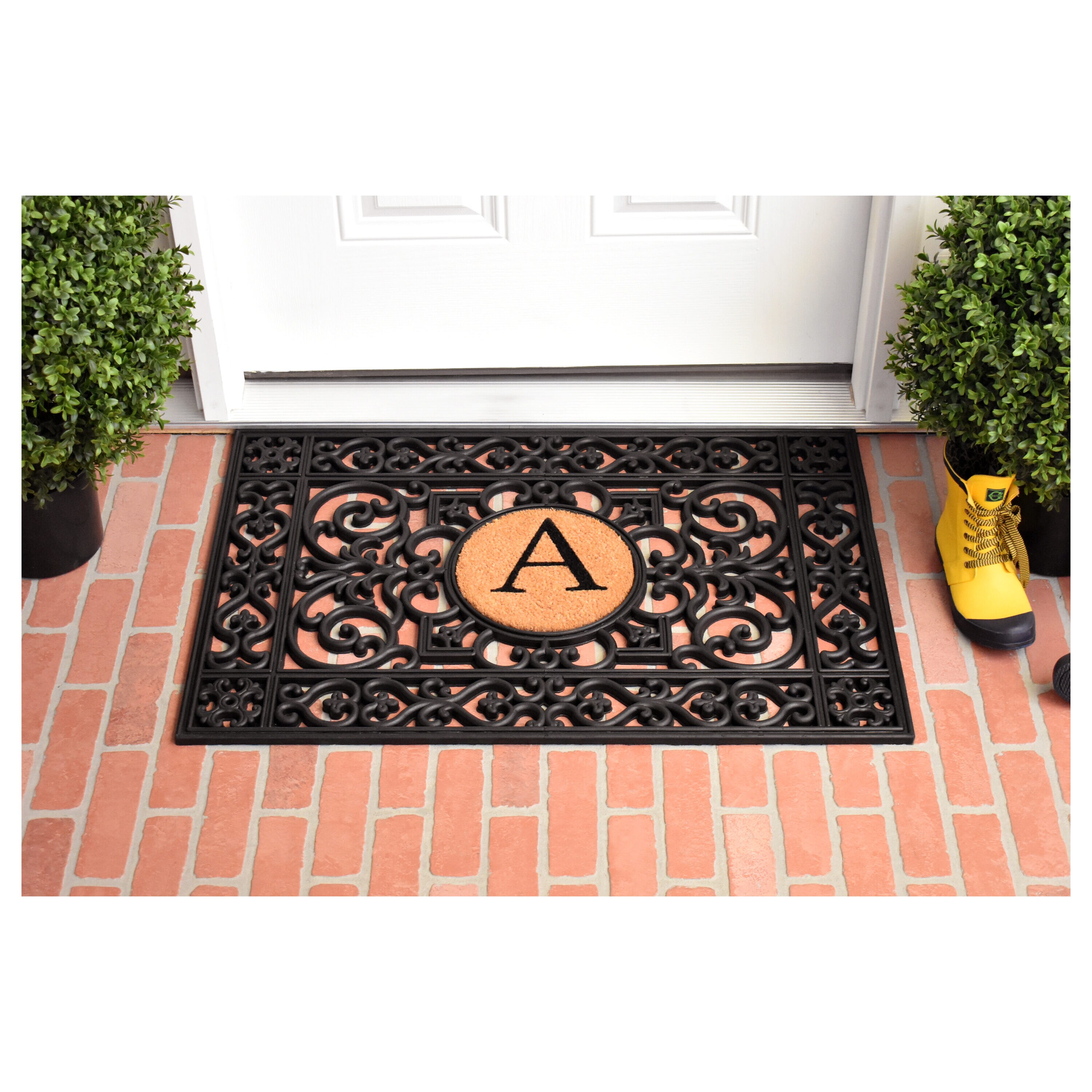 Black Rubber and Coir Monogrammed Rectangular Entrance Rug