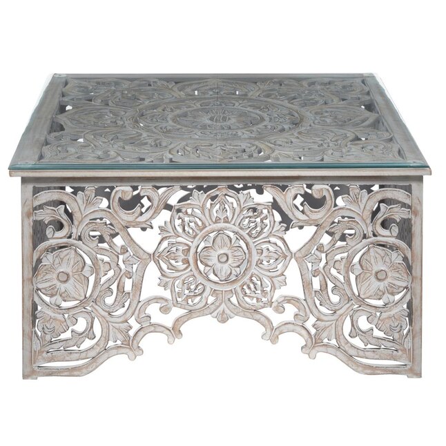 Mango Wood Eclectic Coffee Table, Gray Washed Decorative Carved Wood Coffee Table