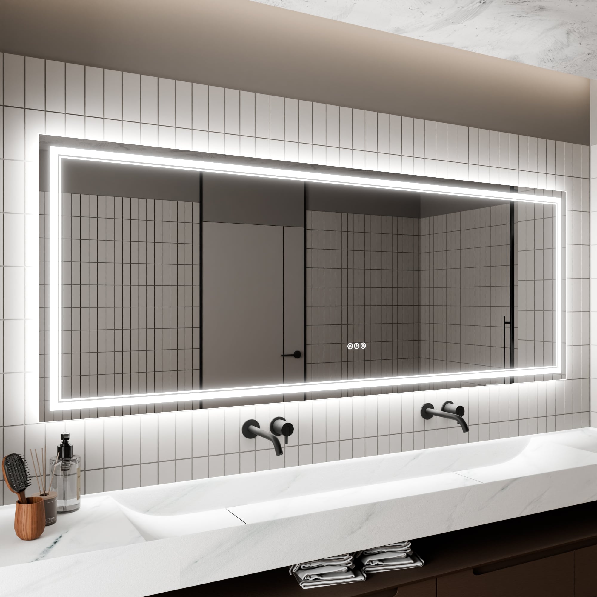 AAZJ JDEX-TFMR3284 HS LED Lighted Mirror 32-in x 84-in Polished Frameless Rectangle Dimmable LED Lighted Fog Free Bathroom Vanity Mirror ( White )