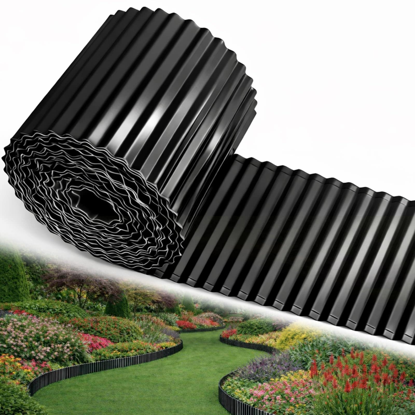 Vrbgify  Corrugated Metal Garden Edging 6 in x 25 ft Roll Black Flexible Rustproof Steel Landscape Border for Flower Bed Lawn Paver