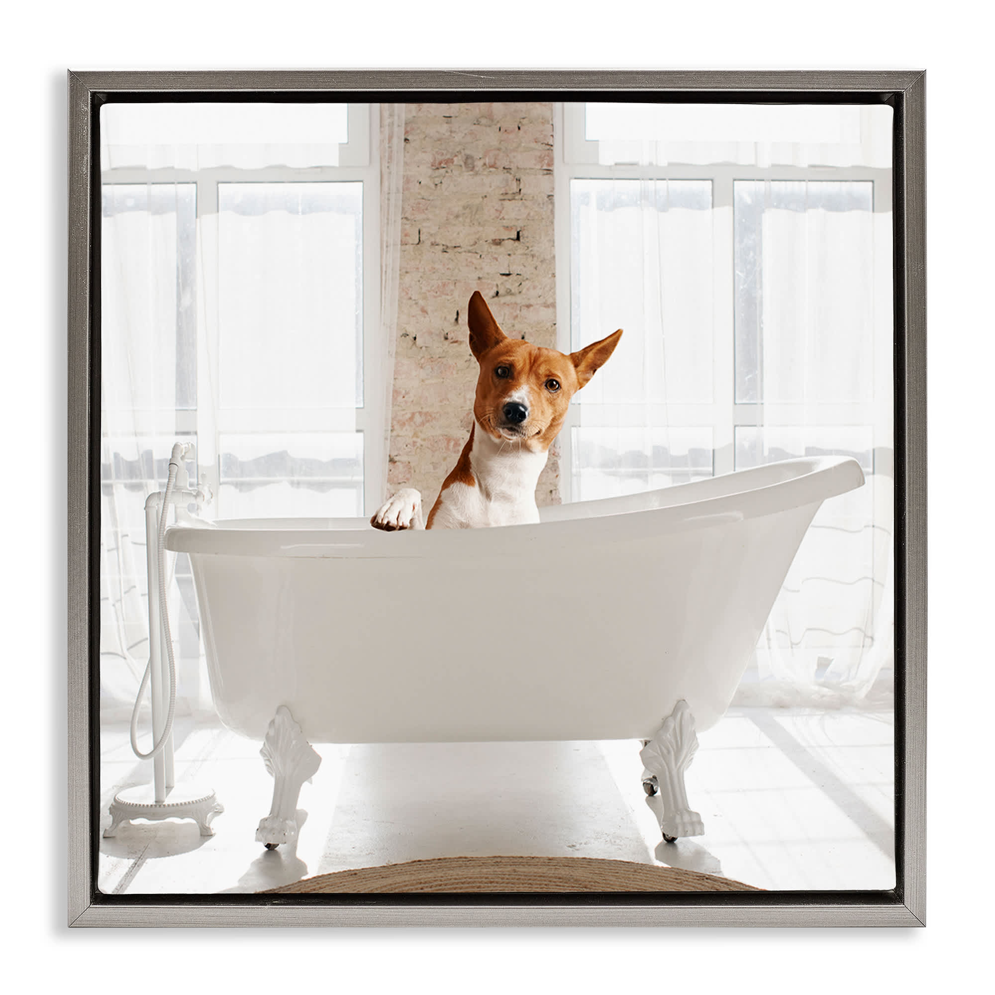 Stupell Industries BS-148-FFL-17X17 Happy Dog in Bathroom Tub Gray Framed Floater Canvas Wall Art By CAD Designs 18 x 18
