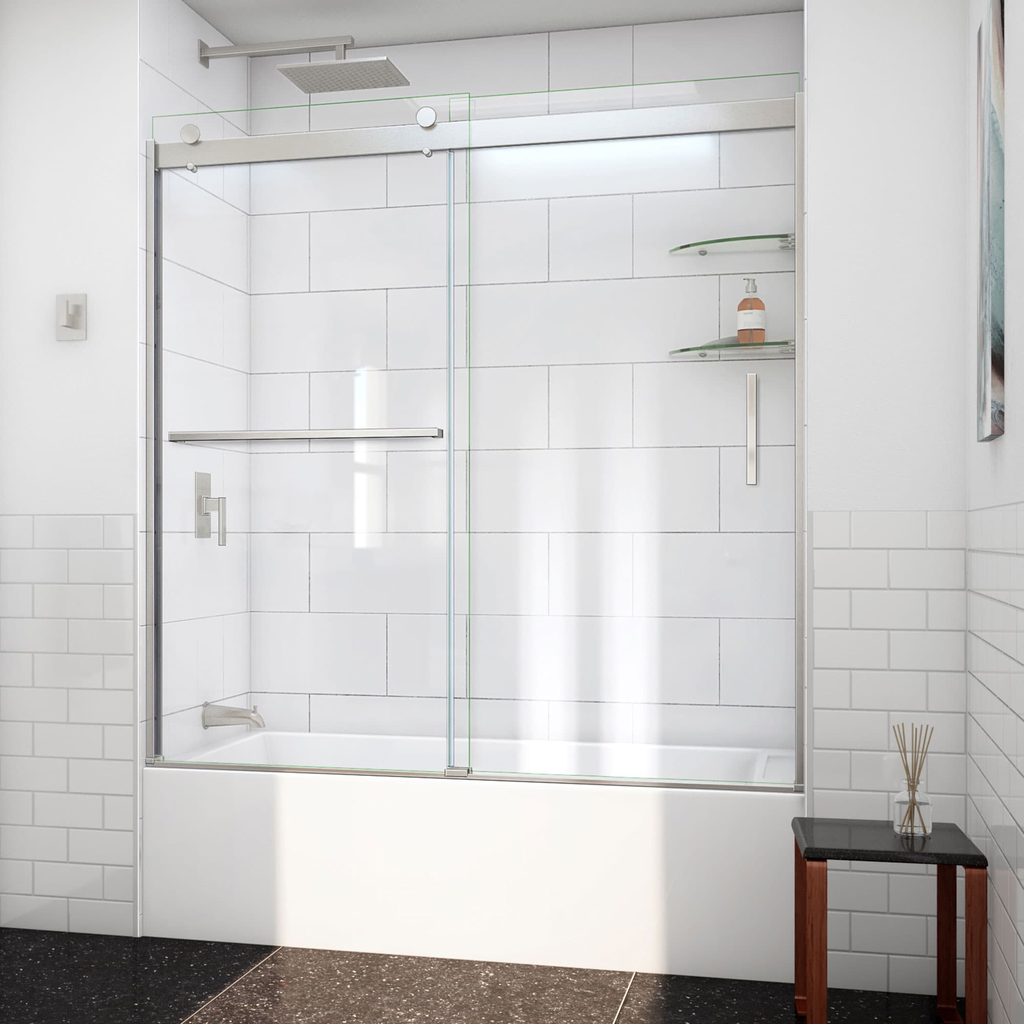 DreamLine TDVH60W620VXX04 Sapphire-V Brushed Nickel 56-in to 60-in W x 62-in H Semi-frameless Bypass Sliding Bathtub door