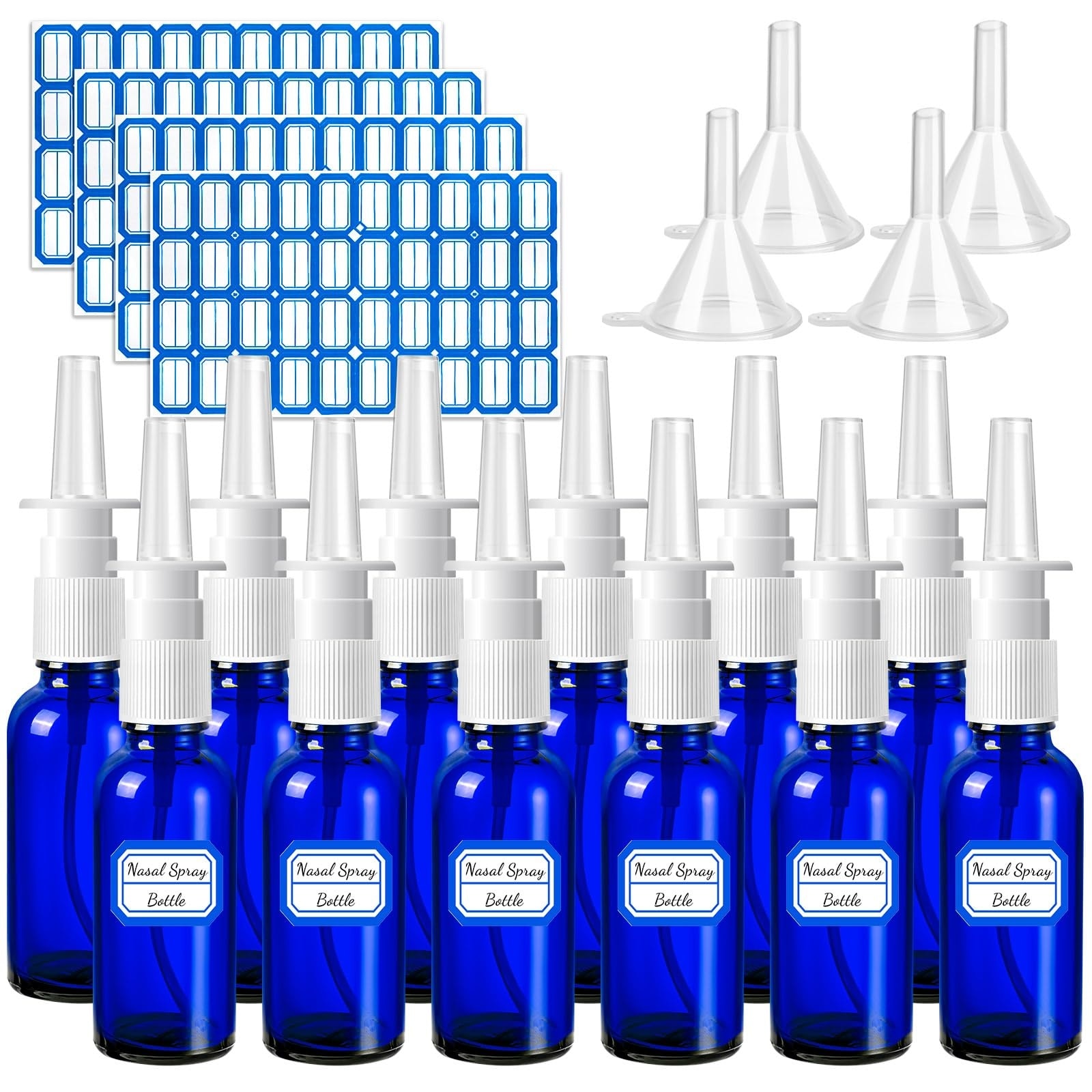 AOIZGMY  20 pcs blue glass nasal spray bottle pack 30ML refillable fine mist empty bottles with 4 funnels and 4 labels reusable eco friendly