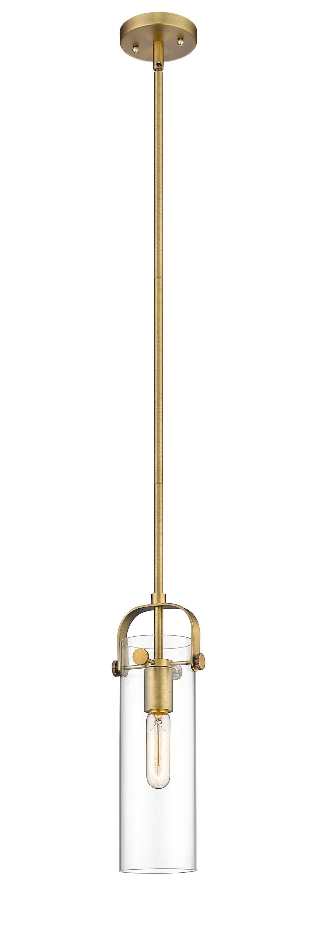 Innovations Lighting 423-1S-BB-4CL Pilaster Brushed Brass Industrial Clear glass Cylinder Medium Hanging Pendant light