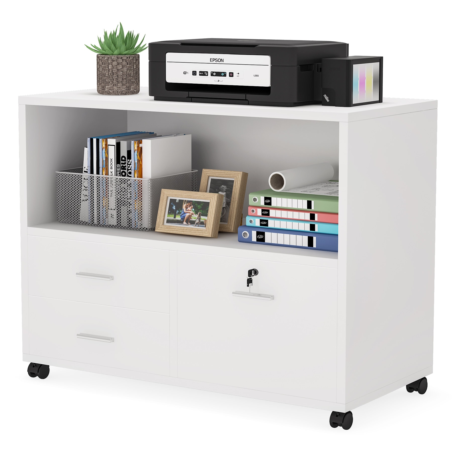  3 Drawer File Cabinets, Mobile Lateral Printer Stand with Open  Shelf, Rolling Filing Cabinet with Wheels Home Office Organization and  Storage (White) : Office Products