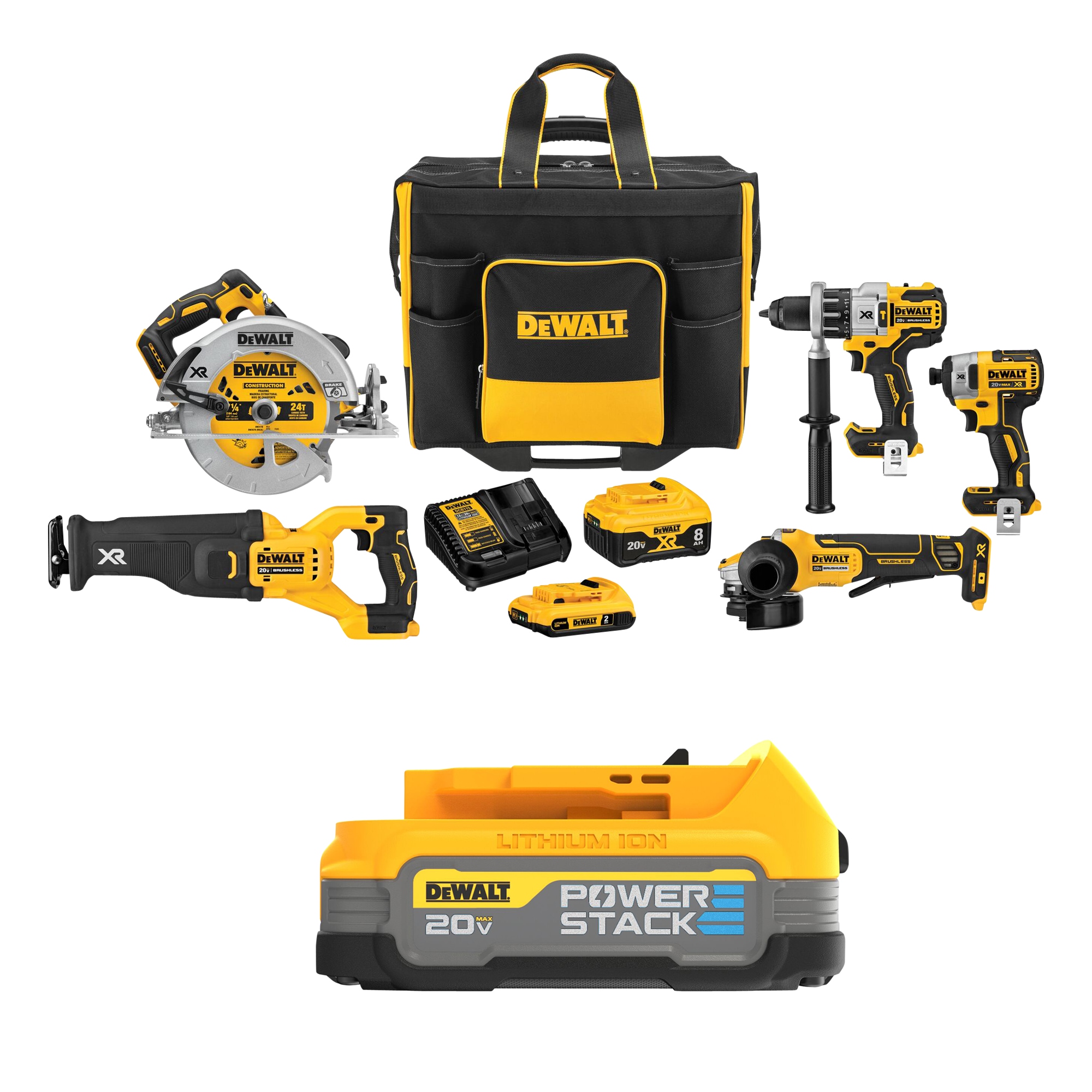 DEWALT 20V MAX XR Brushless Cordless 5-Tool Combo Kit with Large Site-Ready Rolling Bag & 20V MAX POWERSTACK Compact Battery