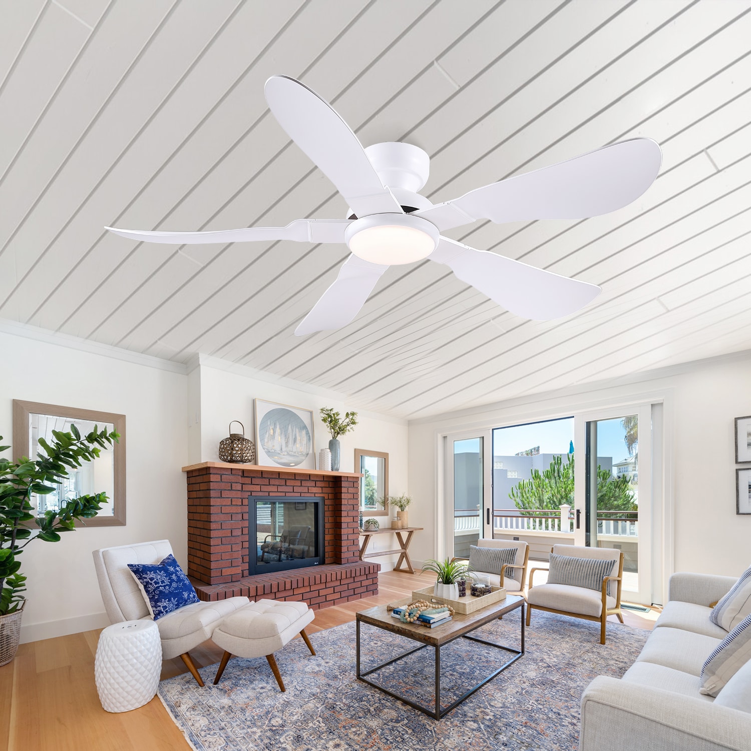 Kviflon - 52 in White Flush Mount Ceiling Fan with Light Modern Ceiling Fan Dimmable LED Quiet D...