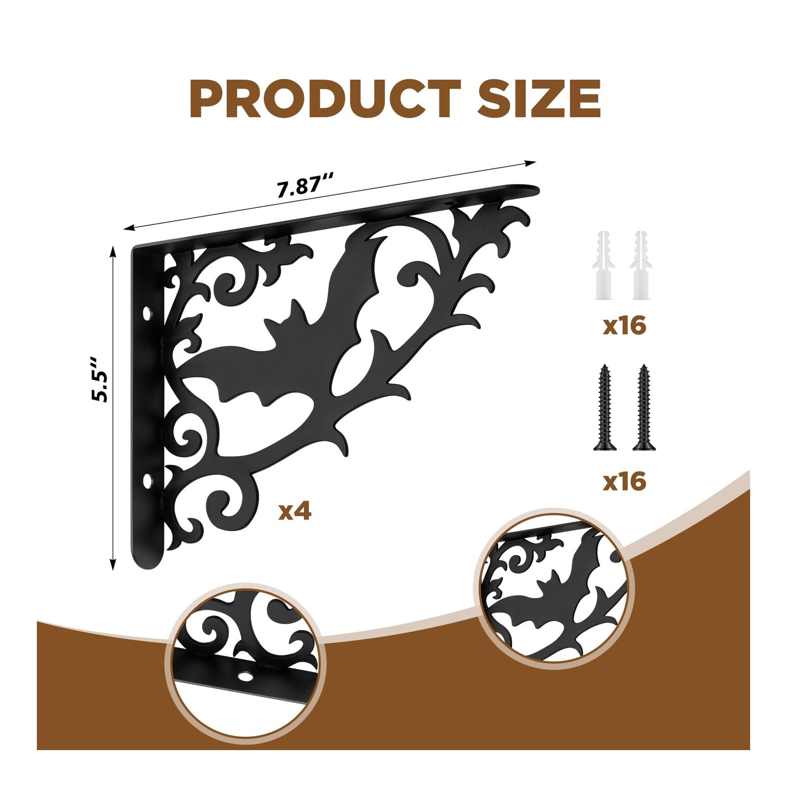 UUDULY 4 Pack 8 Inch Gothic Shelf Brackets Decorative Black Bat Metal