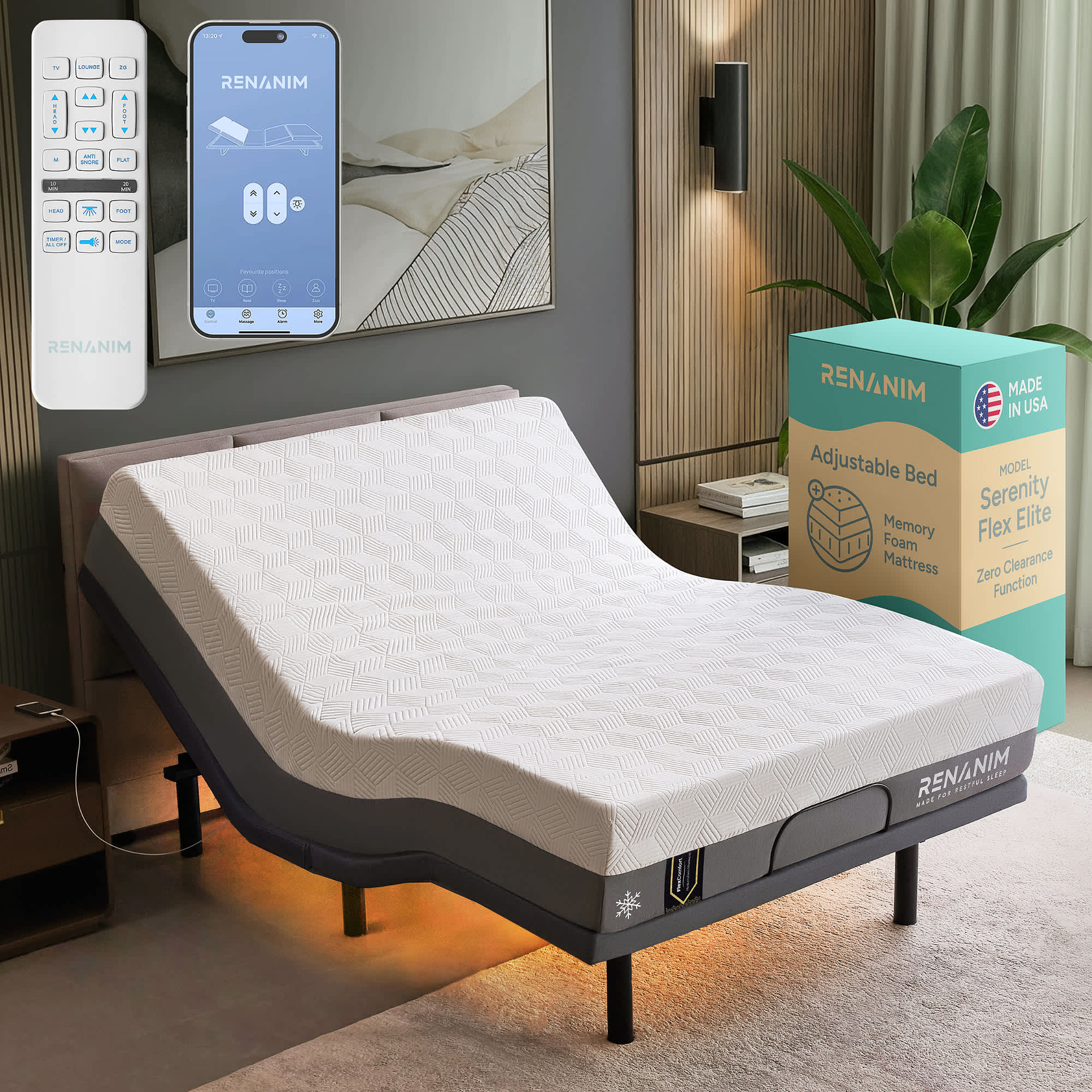 Renanim  SFE Full Adjustable Bed Frame with 12-inch Memory Foam Mattress - Massage - USB - Remote  UnderBed Light - Electric Bed