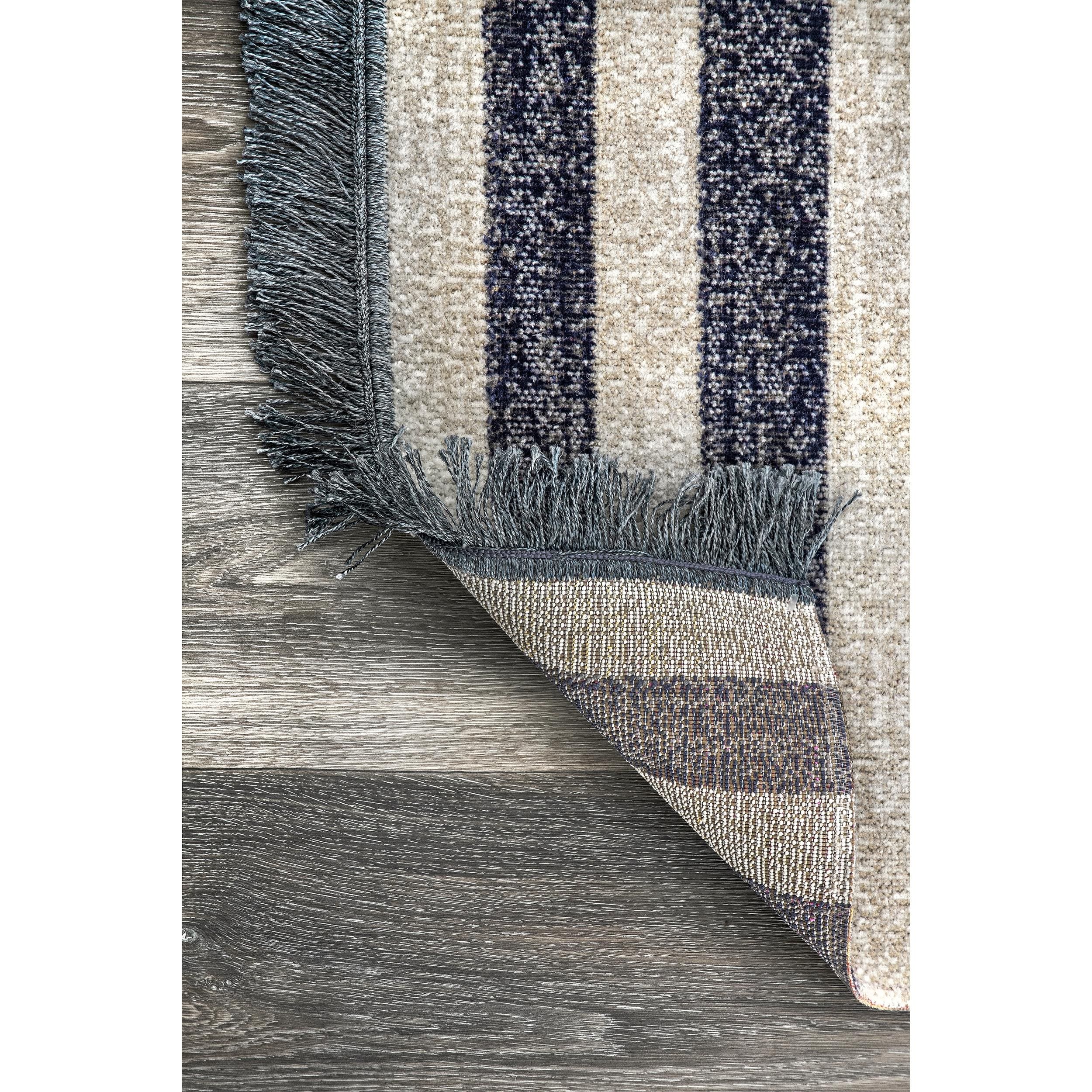 Blue and Beige Striped Synthetic Indoor/Outdoor Runner Rug