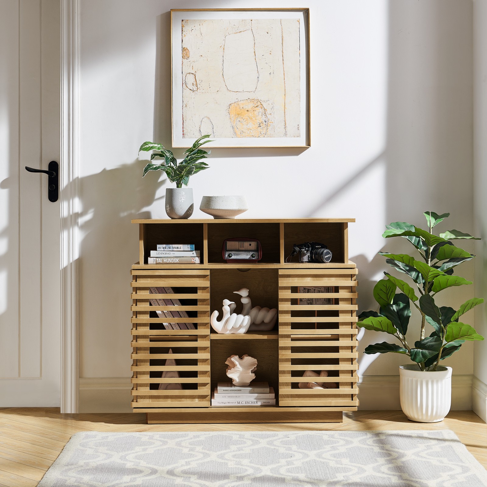 GlasFlength  36.1 Inch Sideboard Buffet Cabinet with Storage Farmhouse Lattice Sideboard with Sliding Doors Adjustable Shelf TV Media Console Storage Cabinet for Kitchen Living Room Entryway Hallway Natural Wood
